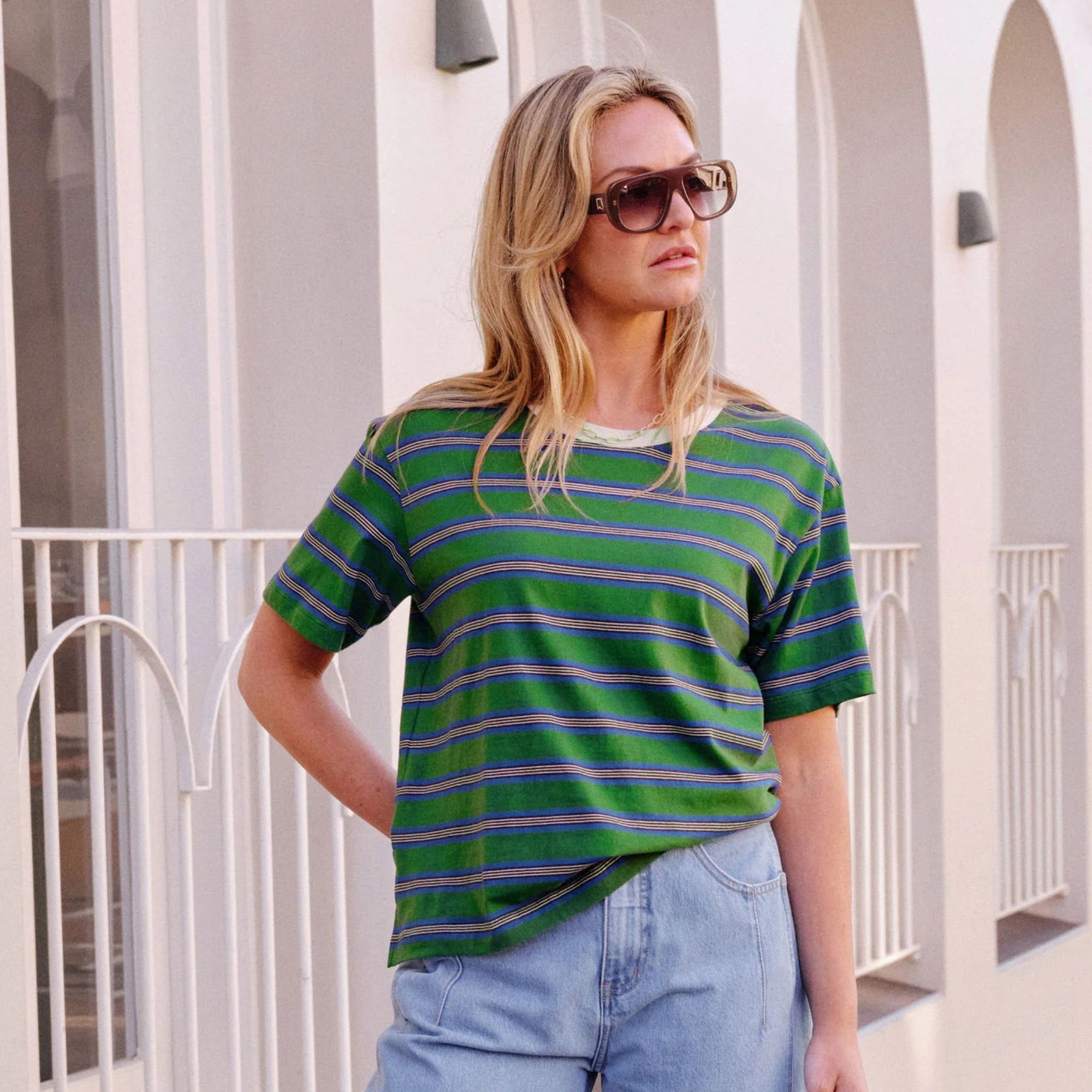 Stevie Slouchy Tee Basil Blue Stripe