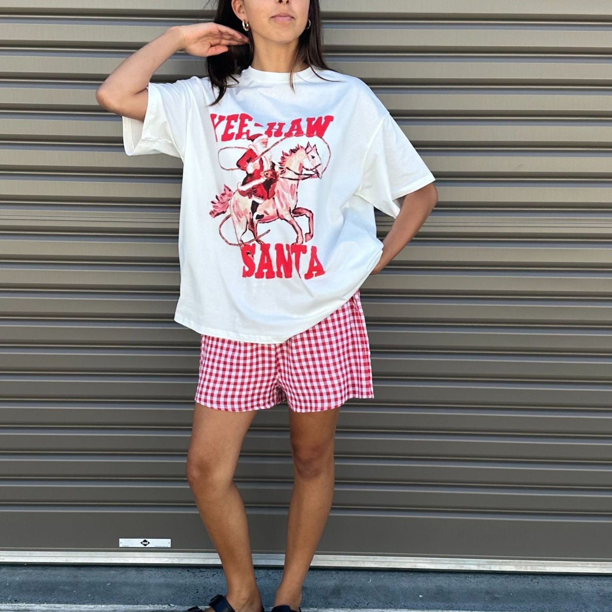 Yeehaw Santa Red and White Gingham Short Set