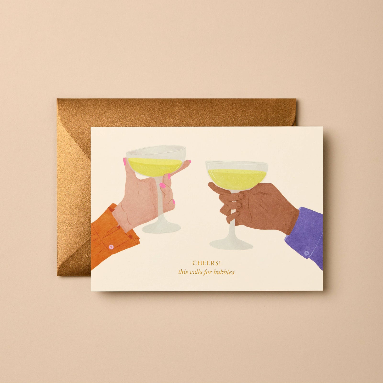 Greeting card with illustration of two hands holding cocktails and a brown envelope on a beige background