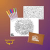 Coloring book with two pages, markers, and a small pouch on a gradient background