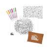 Coloring book with two pages, markers, and a small pouch on a gradient background