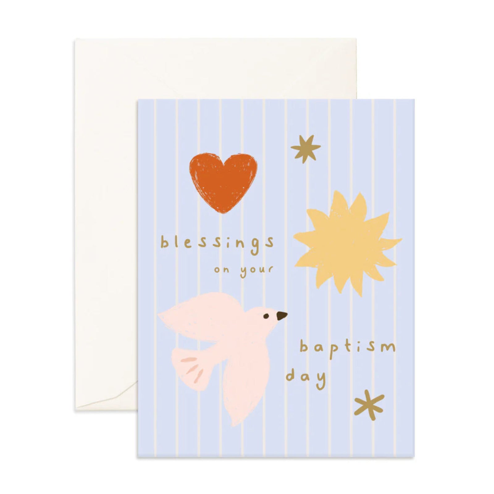 Greeting card with a dove, heart, and sun illustration on a light blue background.