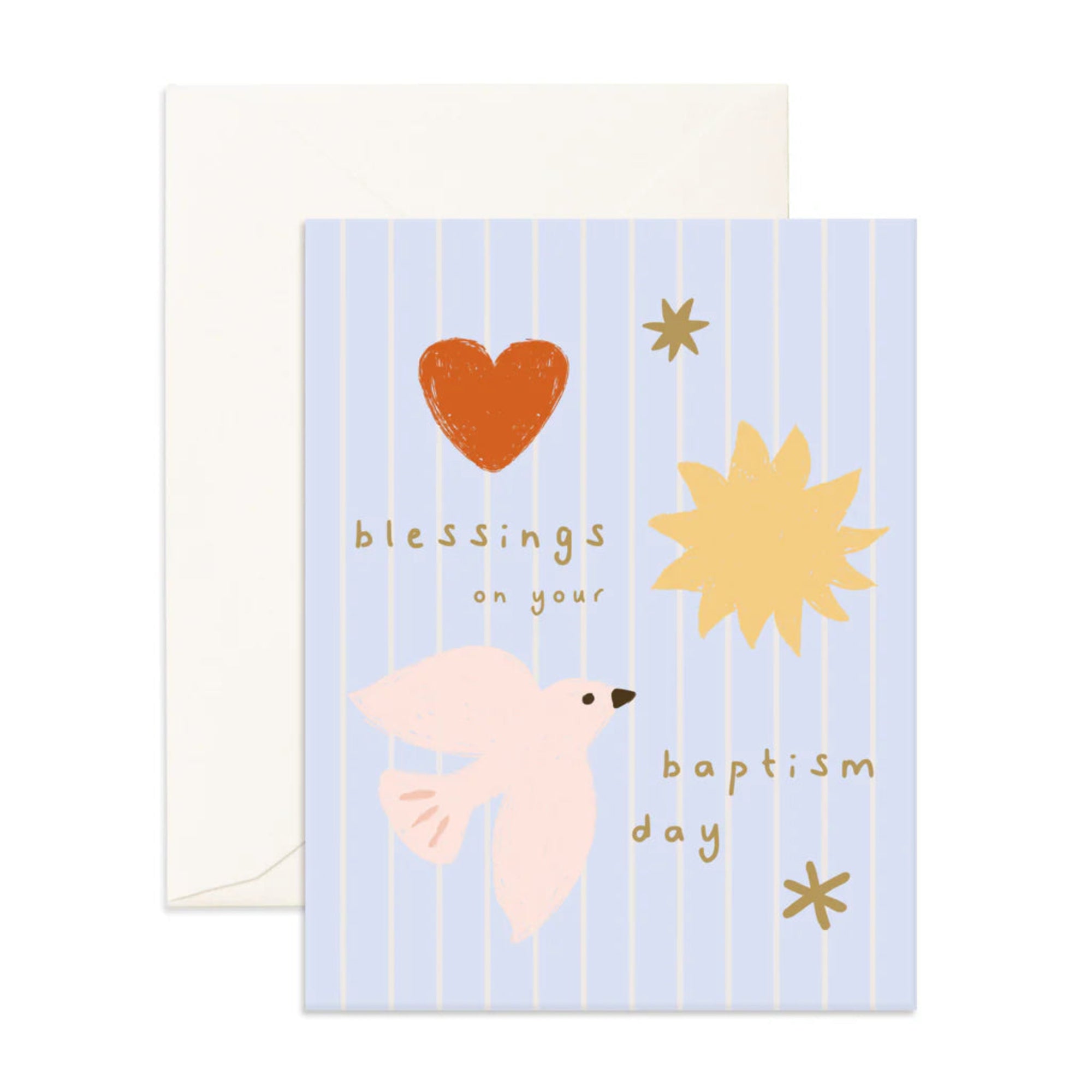 Greeting card with a dove, heart, and sun illustration on a light blue background.