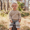 Child sitting on a log in a forest