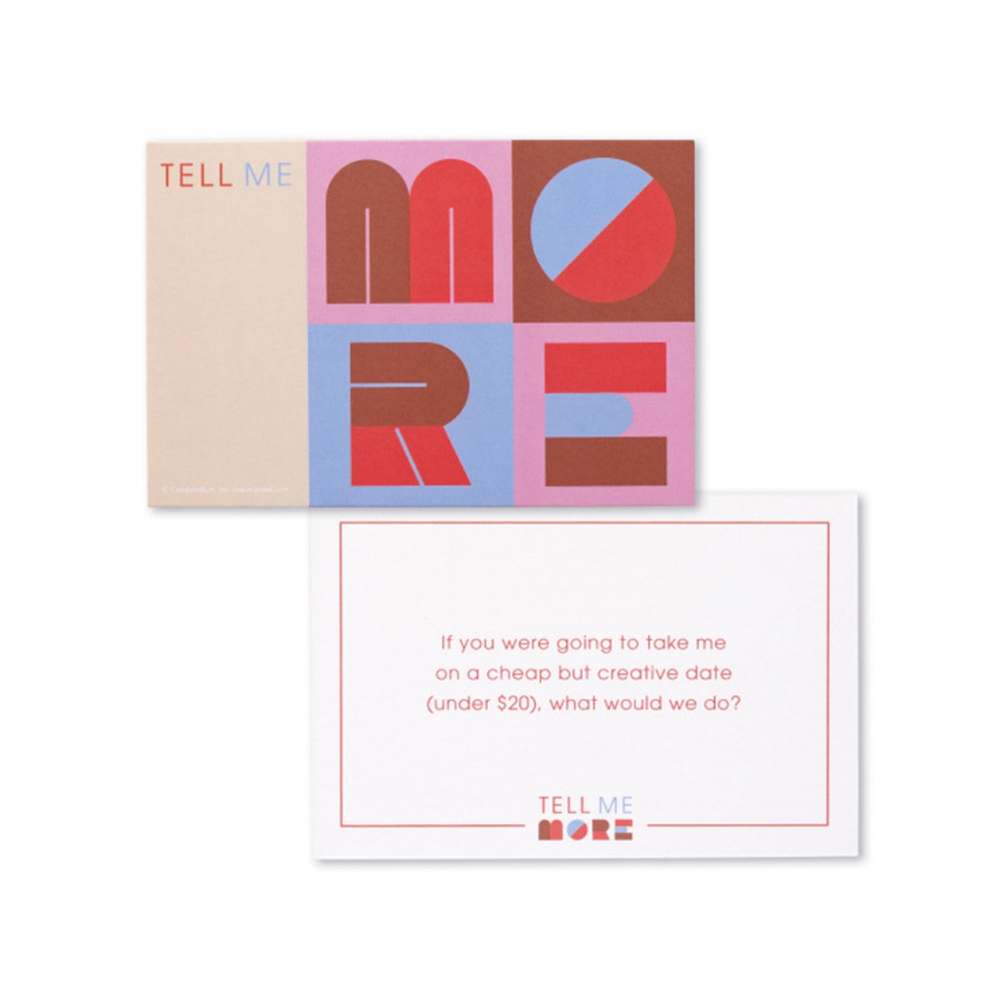 Colorful card with 'Tell Me More' design and a white card with text on a beige background