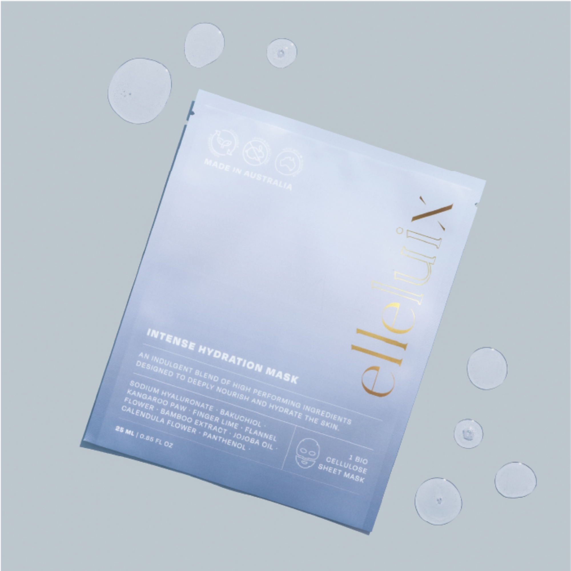 Sheet mask packaging with &#39;elliat&#39; branding on a light gray background