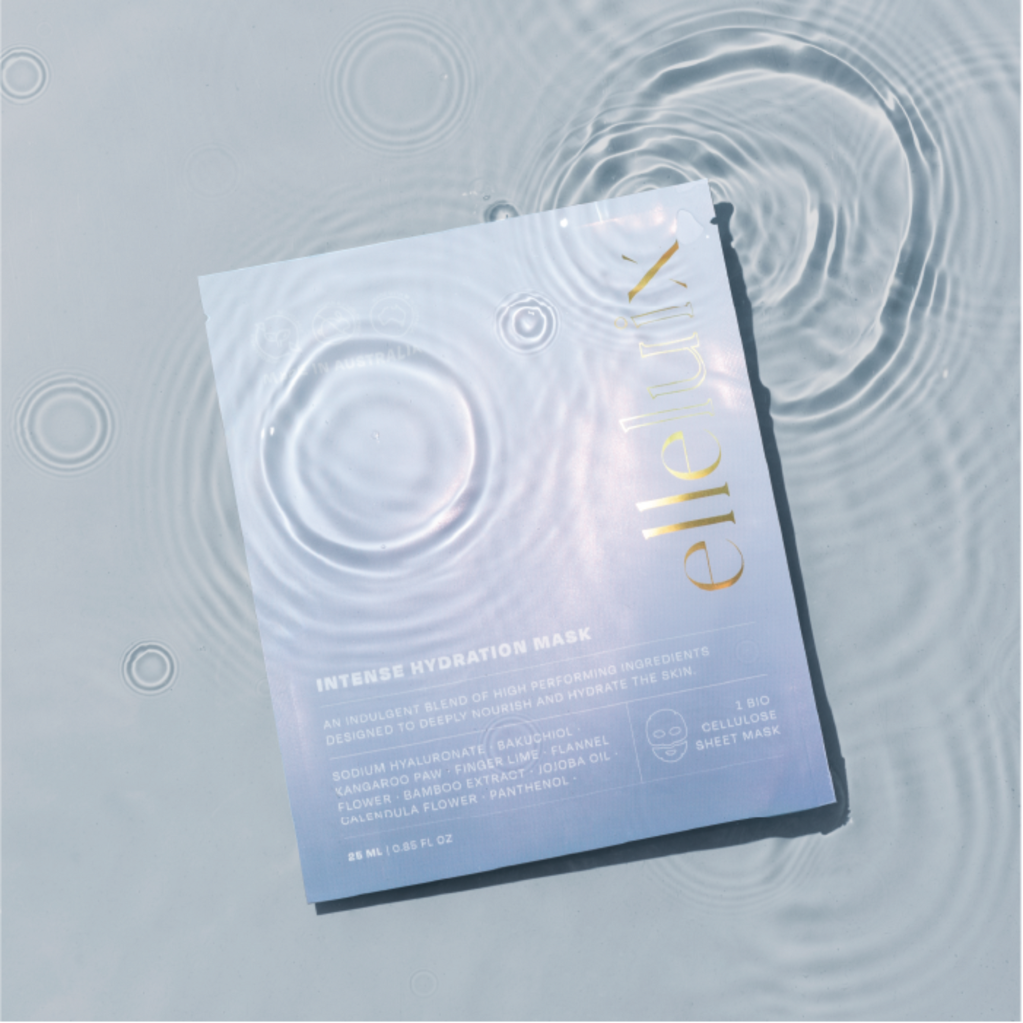 Ellevia Intense Hydration Mask packaging on water with ripples