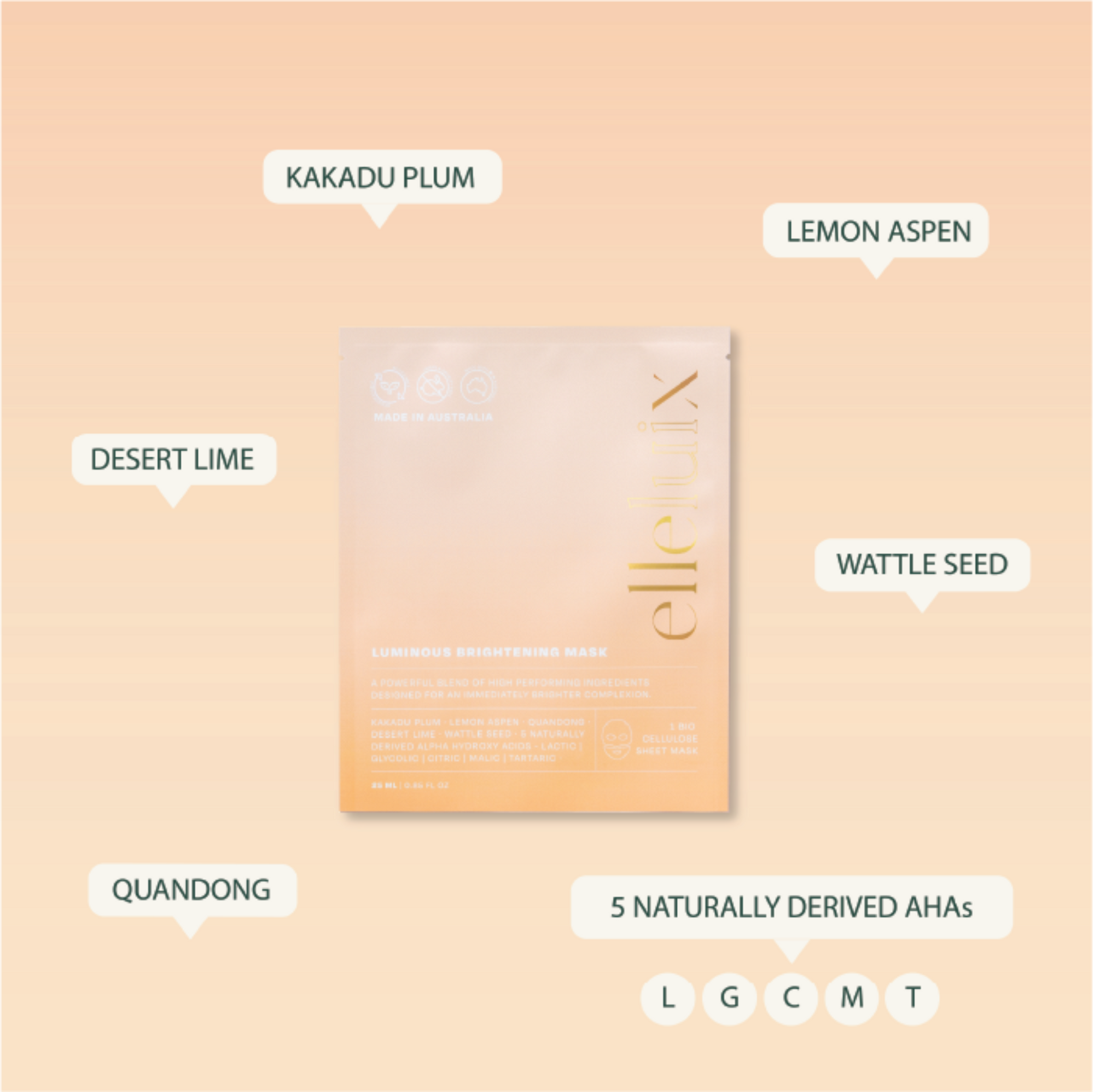 Ellevia skincare product packaging with ingredient labels on a beige background