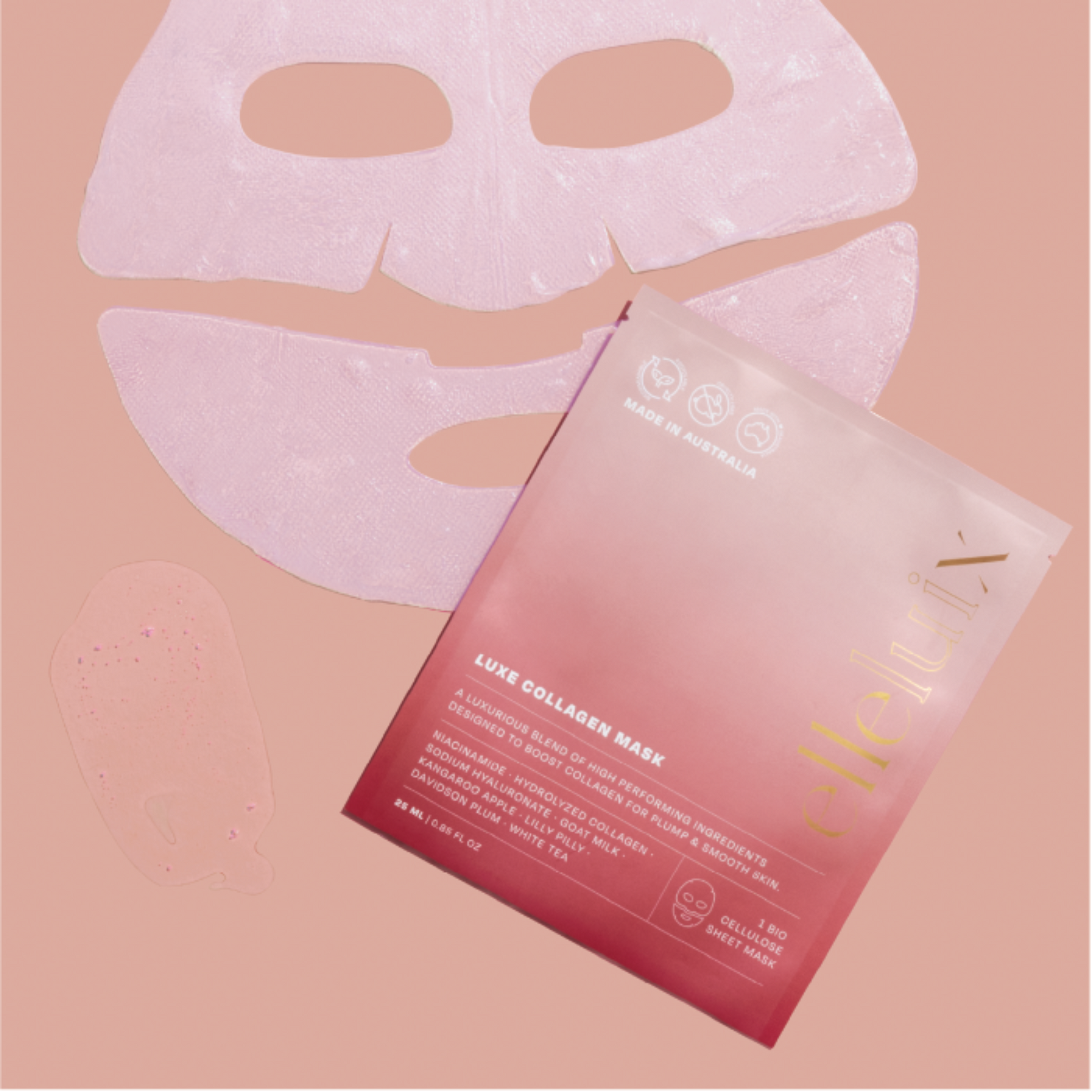 Collagen mask packaging with pink gradient design on a matching pink background