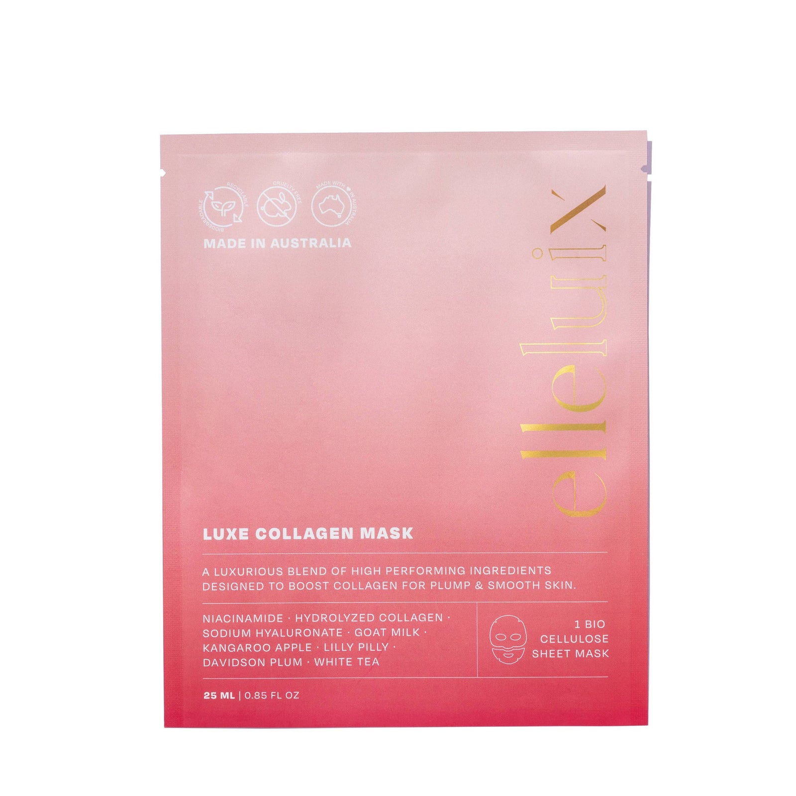 Pink Luxe Collagen Mask packaging with brand name on a white background