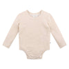 Beige baby bodysuit with long sleeves on a white background