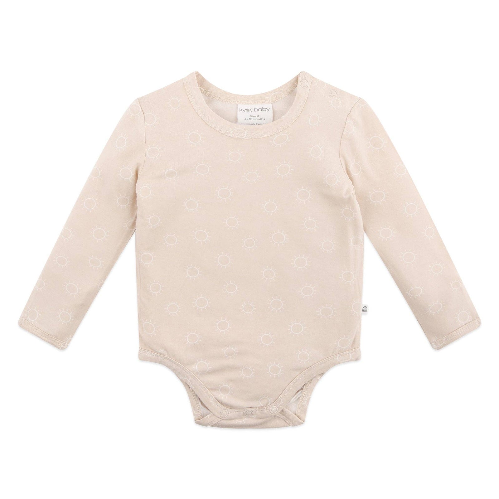 Beige baby bodysuit with long sleeves on a white background