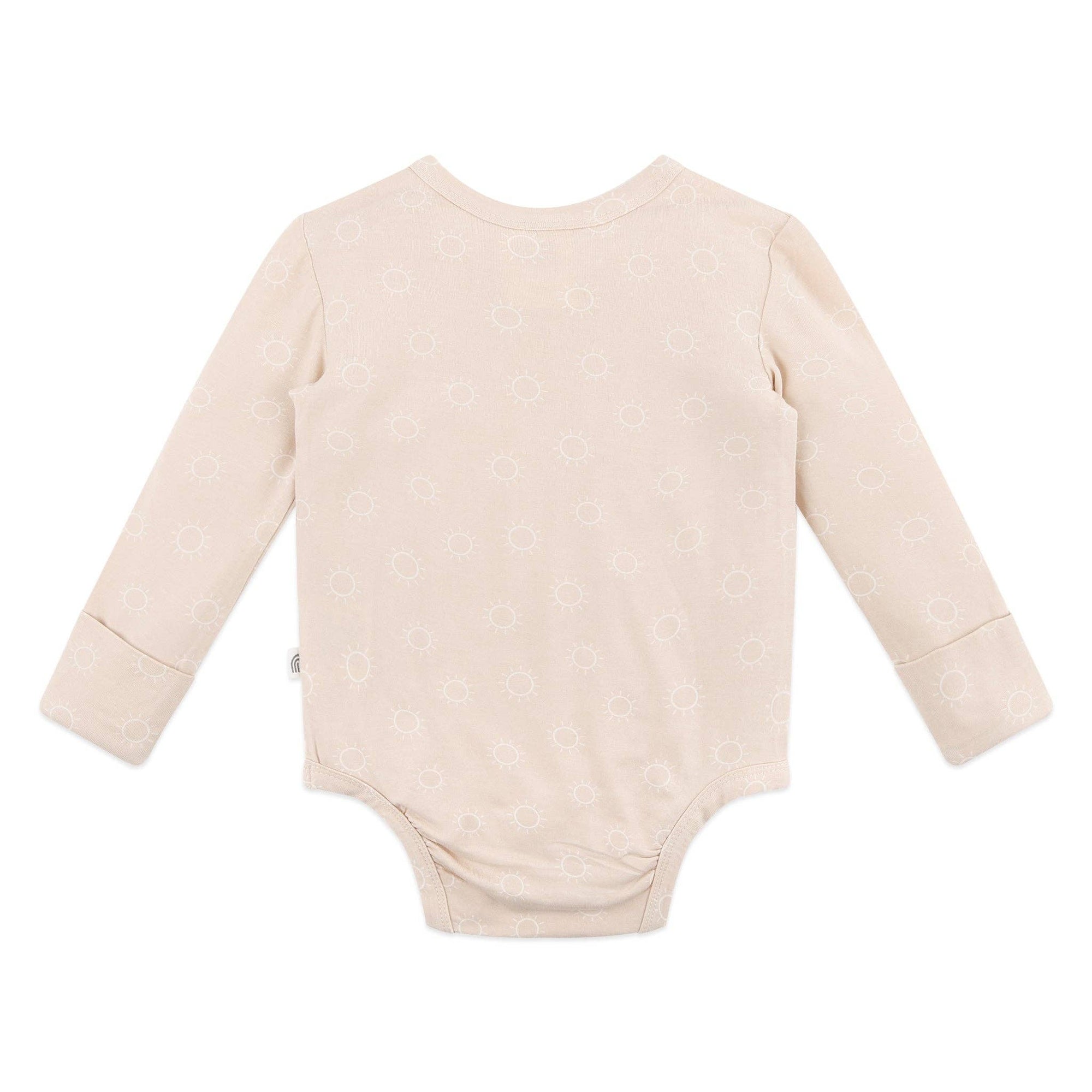Beige baby bodysuit with long sleeves on a white background