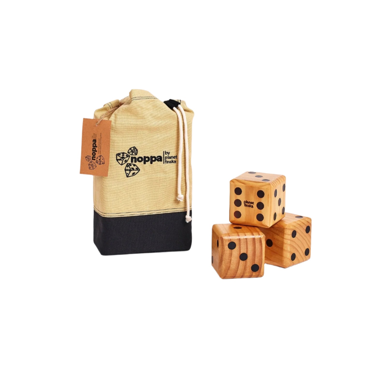 Wooden dice set with a drawstring bag on a white background