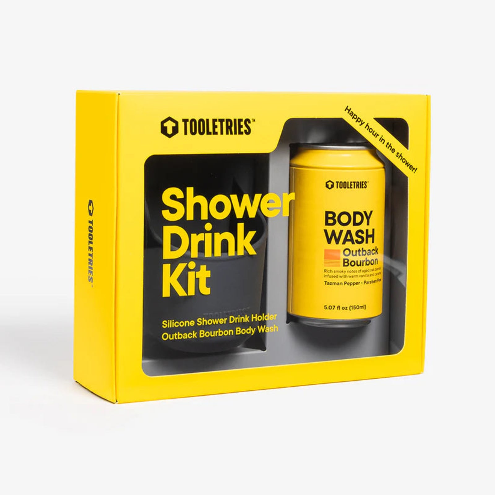 Shower Drink Kit with silicone holder and body wash in yellow packaging