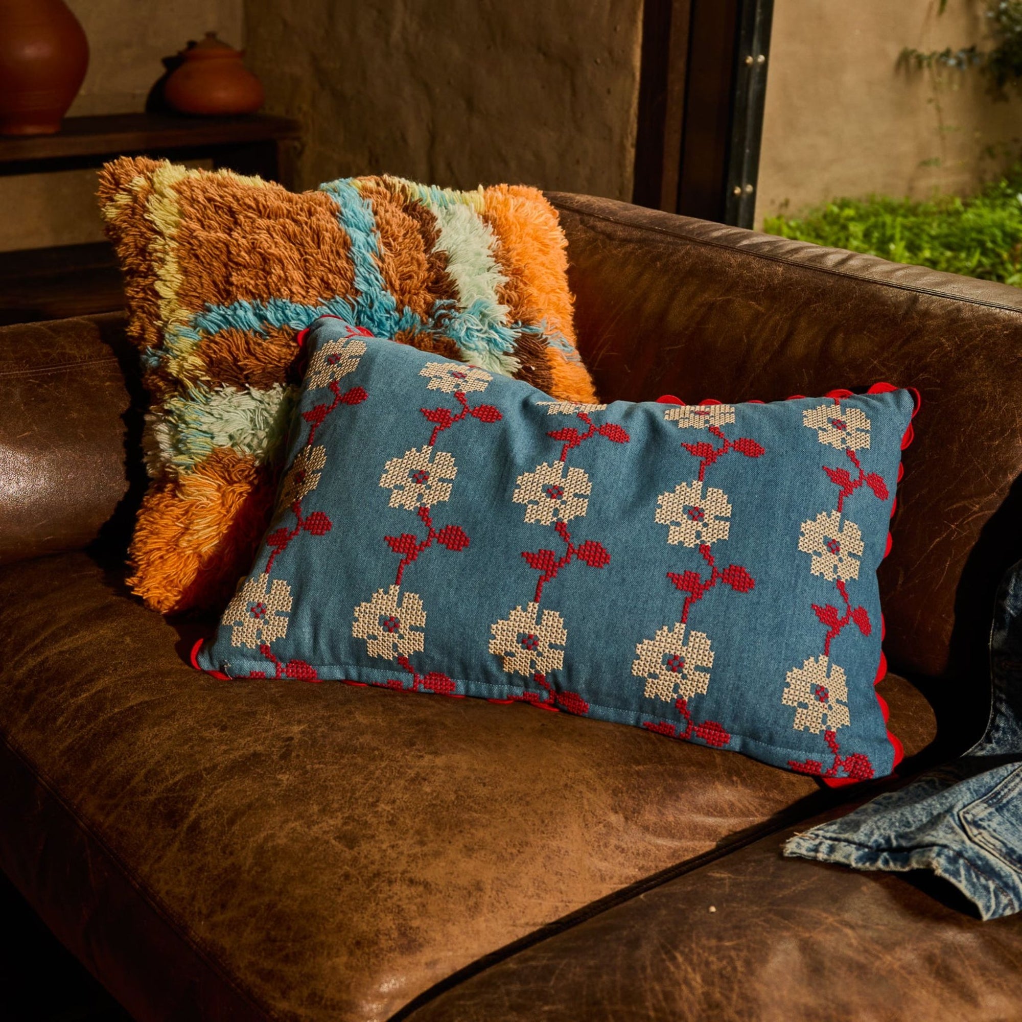 Anneliese Reversible Denim Cushion Poppy