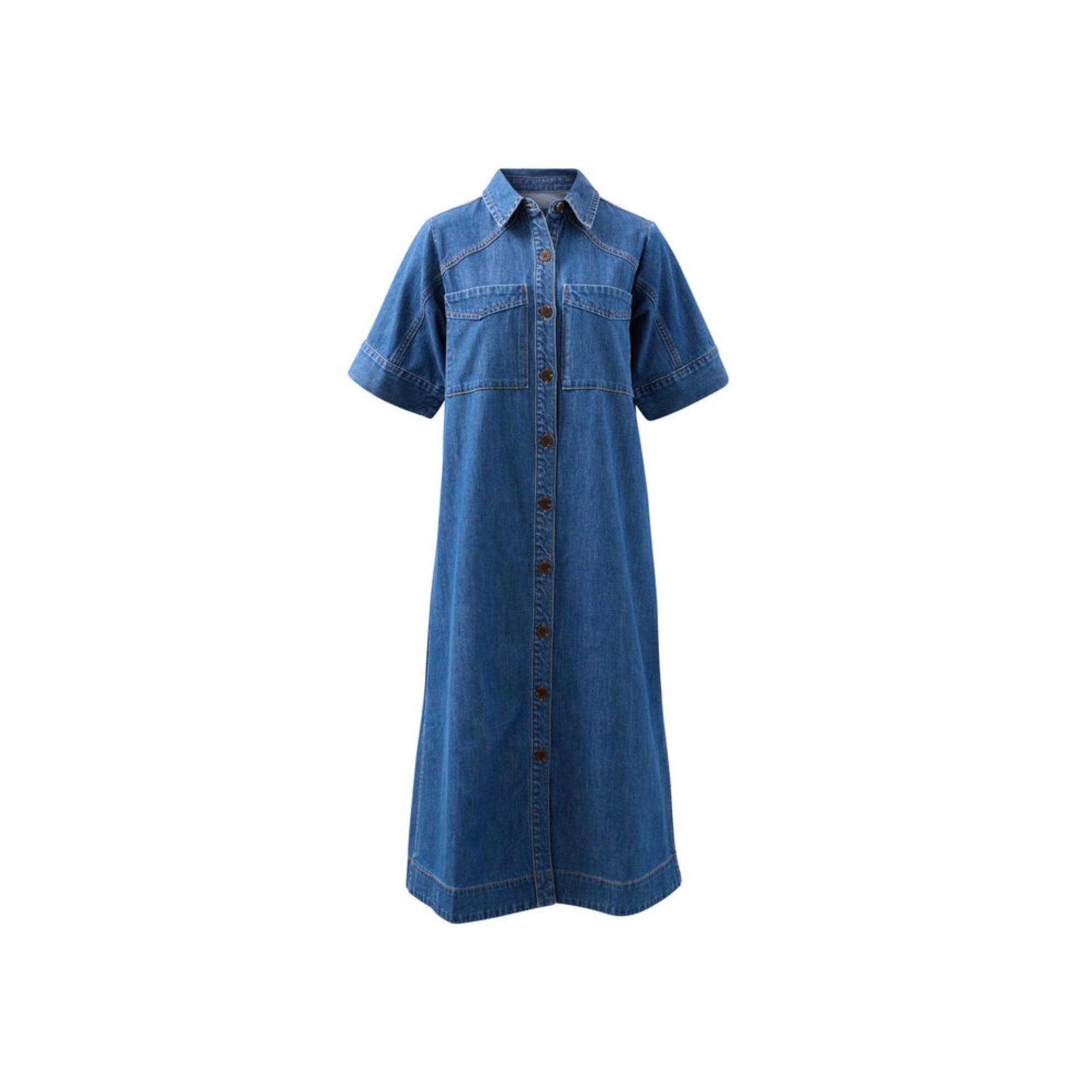 Ava Short Sleeve Yoke Detail Midi Dress Indigo