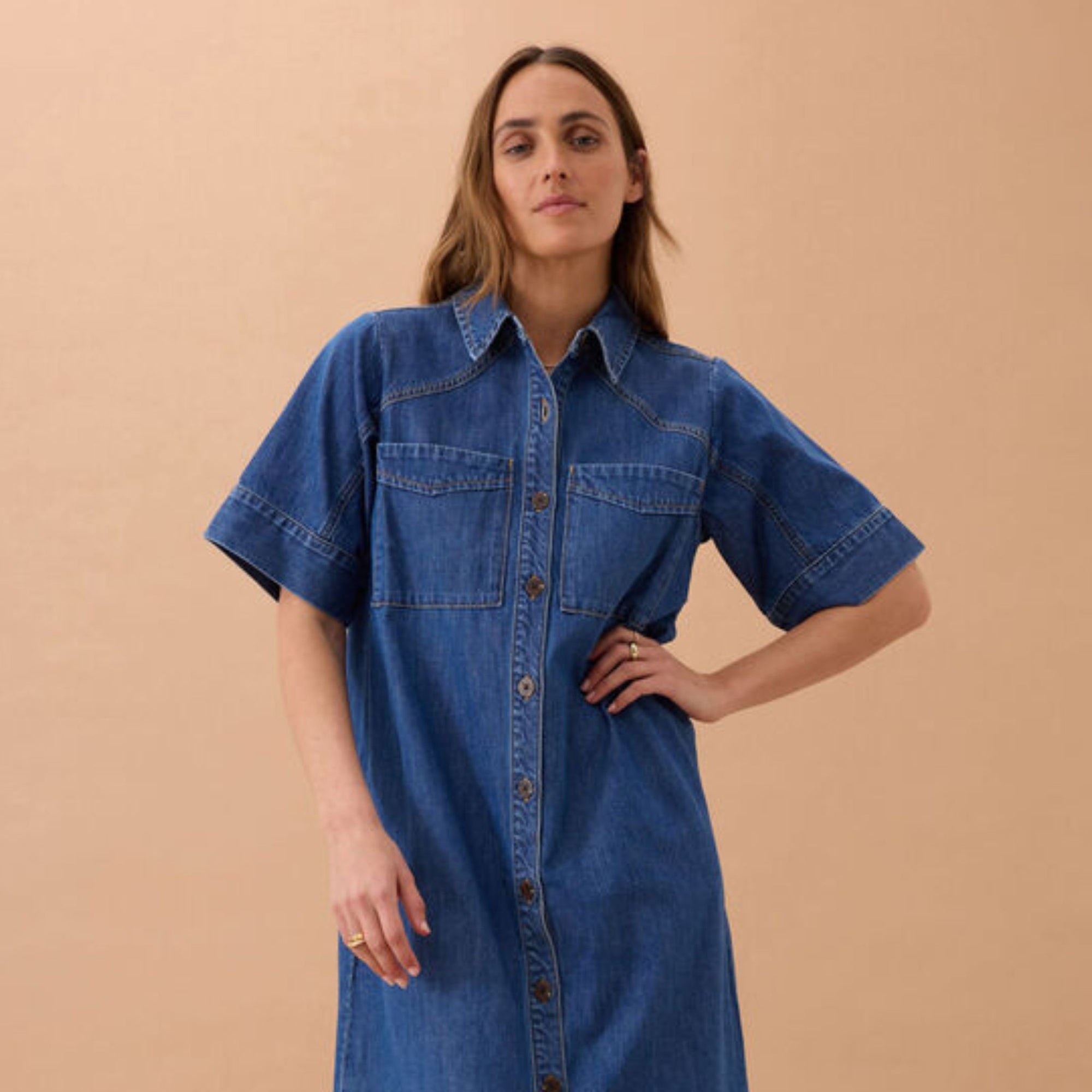 Ava Short Sleeve Yoke Detail Midi Dress Indigo