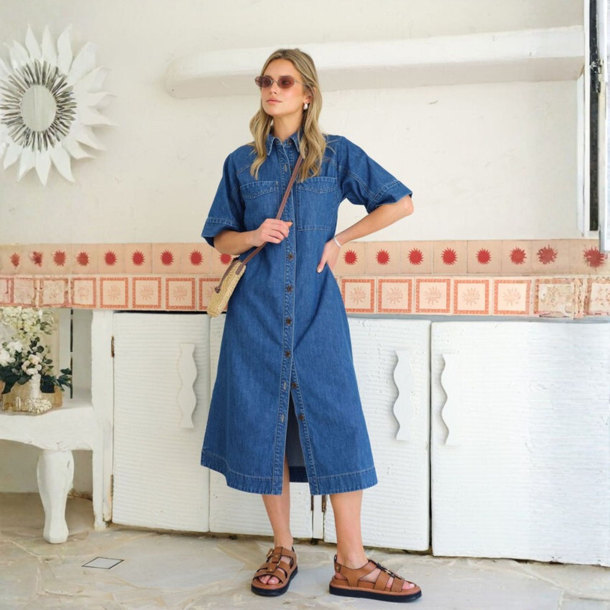 Ava Short Sleeve Yoke Detail Midi Dress Indigo