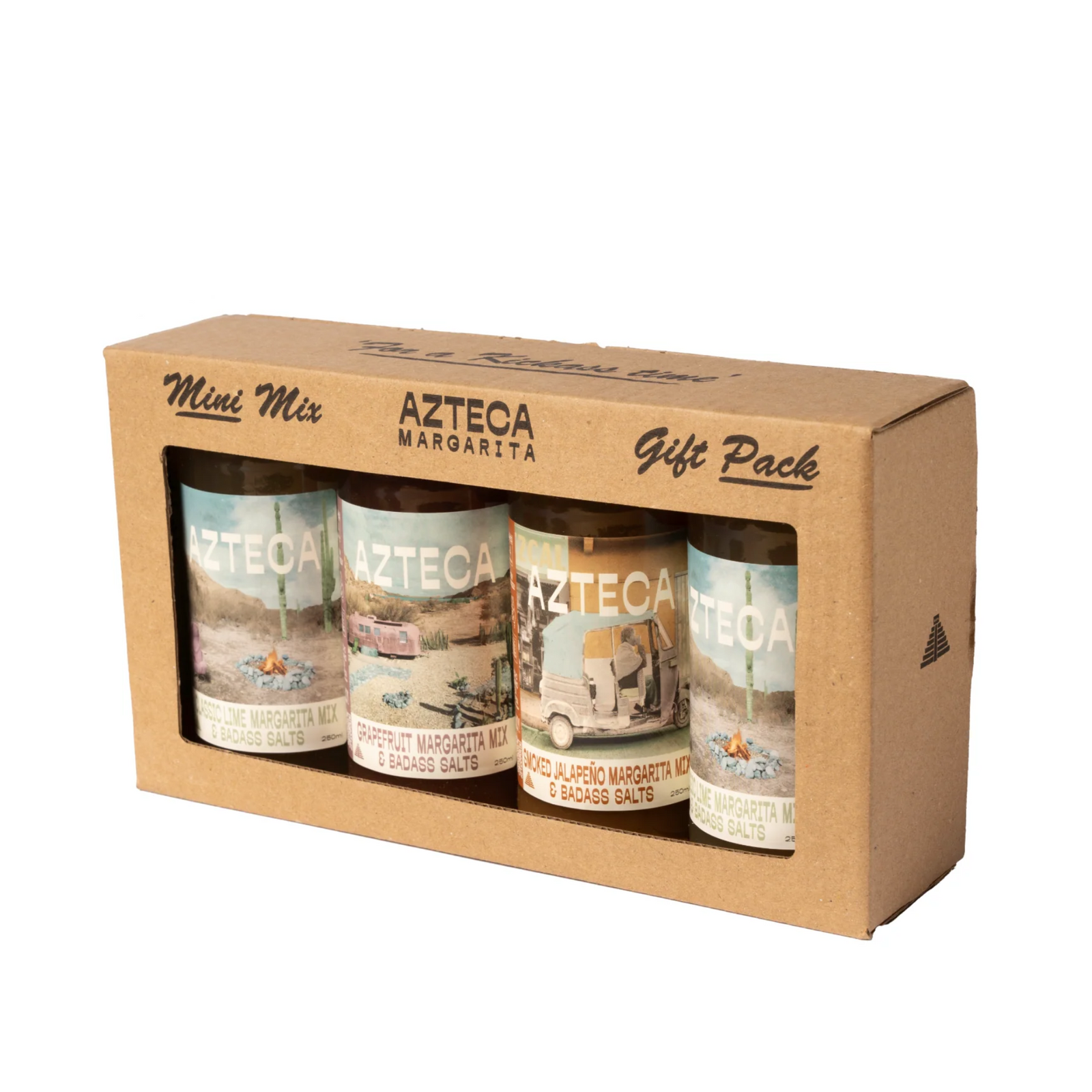 A gift pack box containing three bottles of Azteca margarita mix, labeled as 'mini margarita gift pack' with the flavors smoked jalapeno, grapefruit & hibiscus, and classic lime.