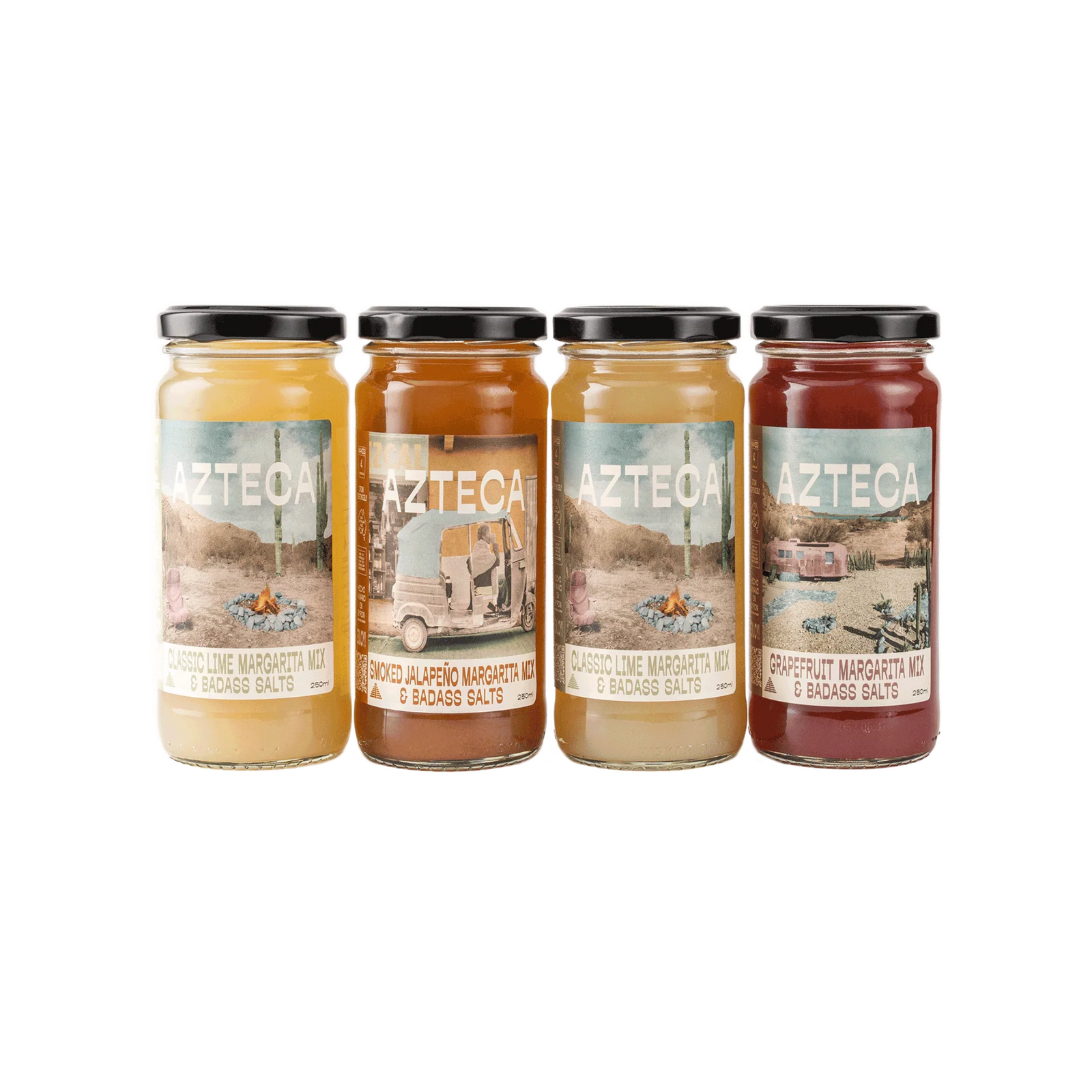 A gift pack box containing three bottles of Azteca margarita mix, labeled as 'mini margarita gift pack' with the flavors smoked jalapeno, grapefruit & hibiscus, and classic lime.