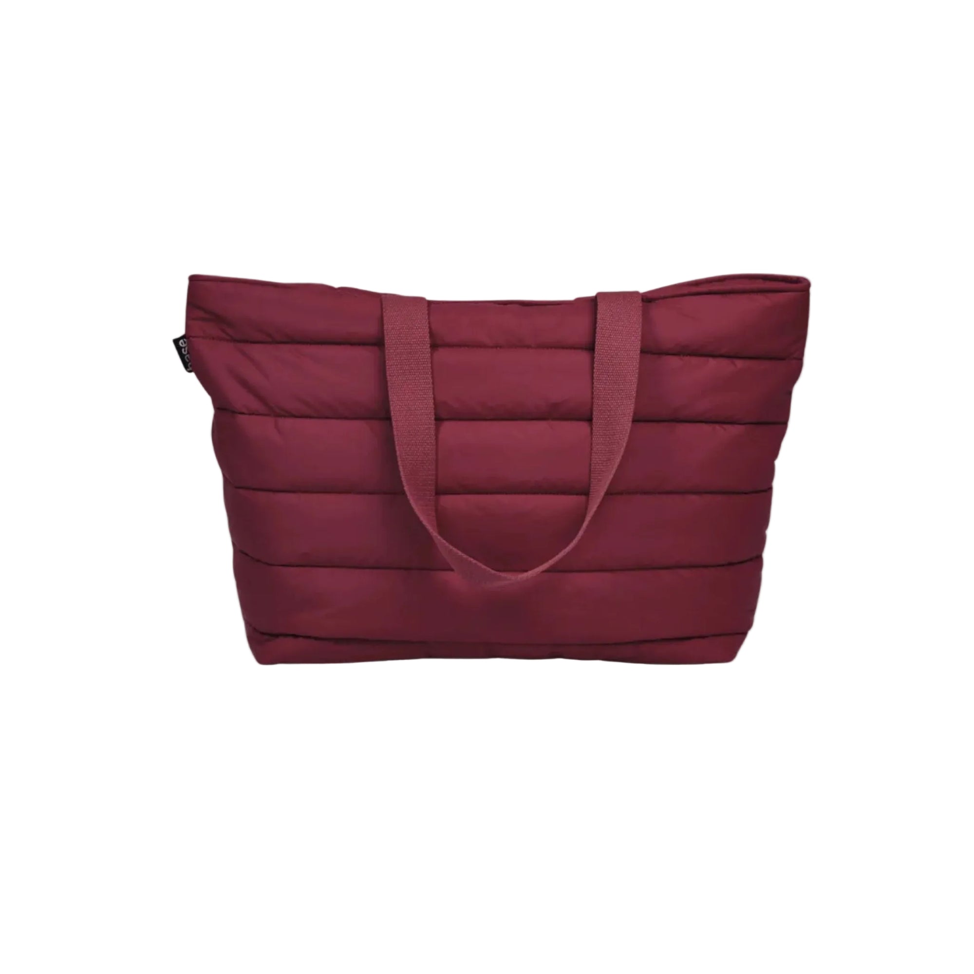Maroon quilted tote bag on a light gray background