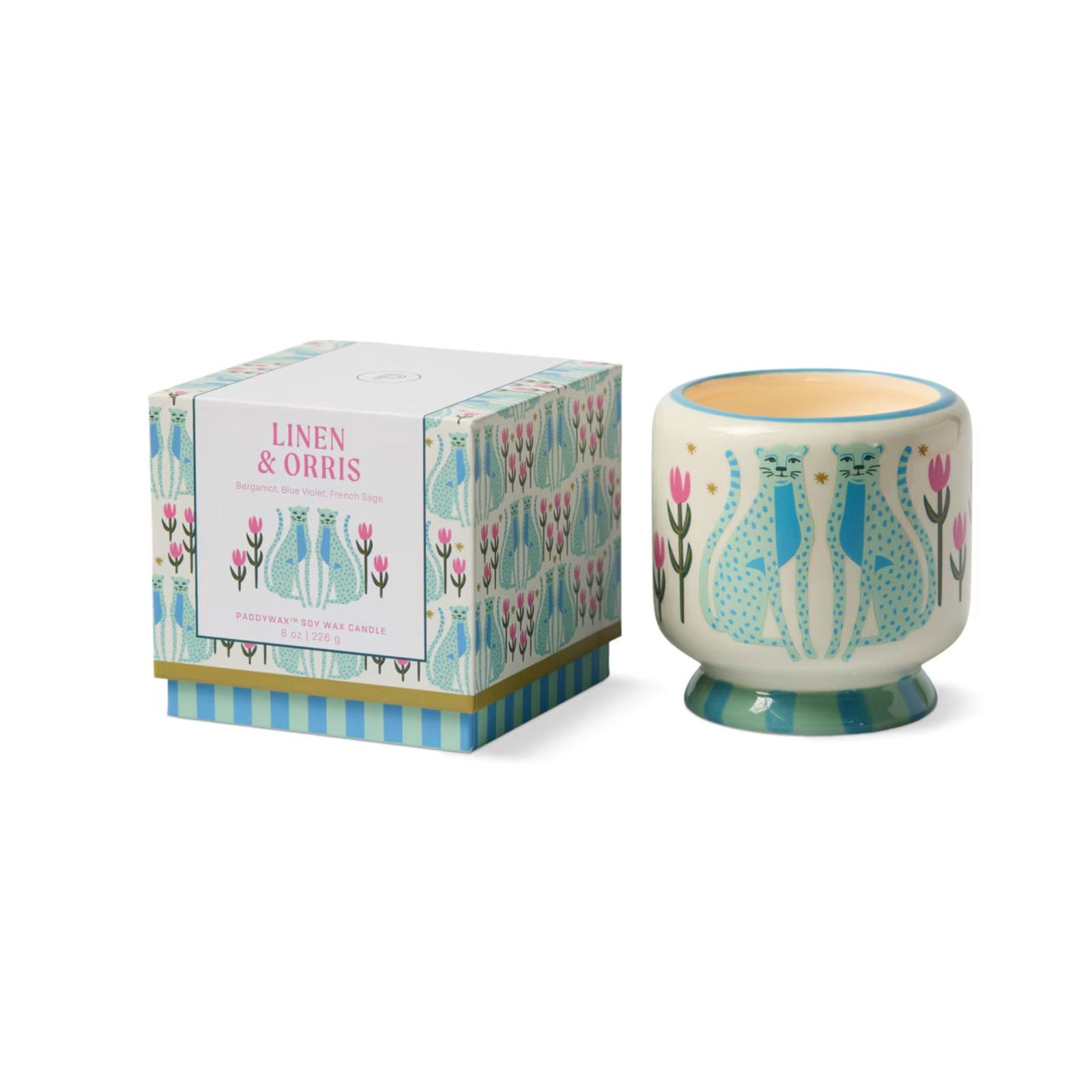 Adopo Blue Cheetahs Ceramic Candle - Linen & Orris
