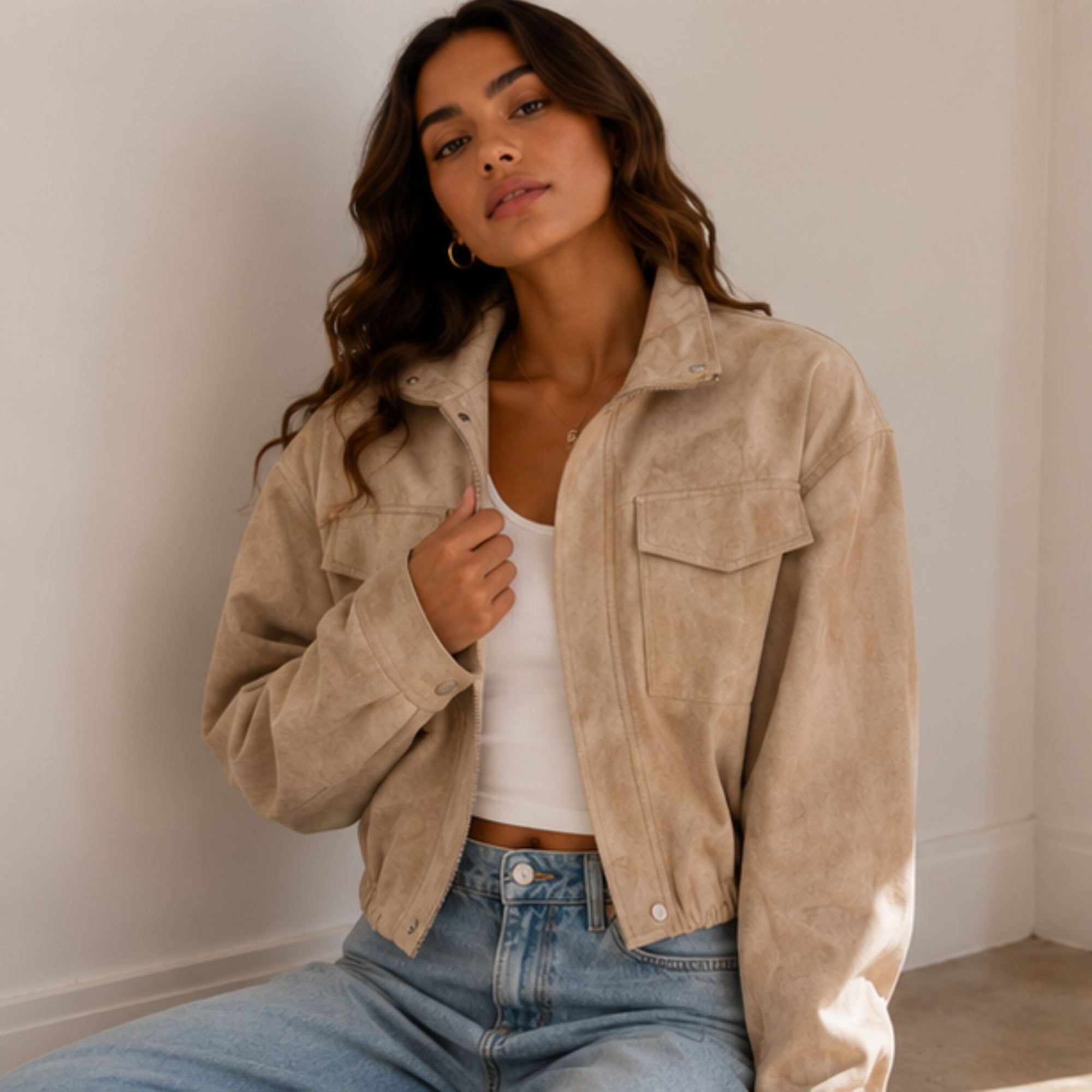 Funnel Neck Faux Suede Jacket