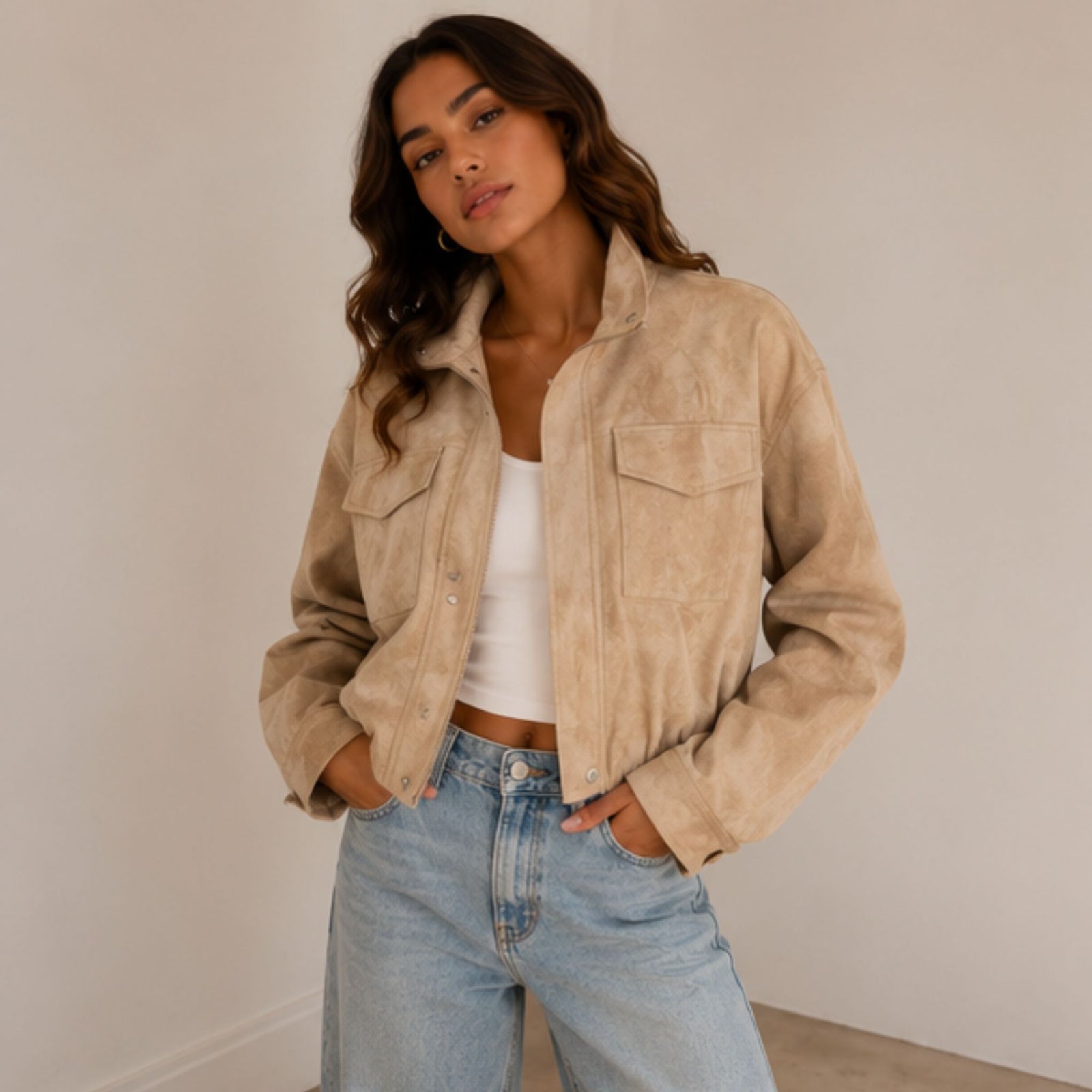 Funnel Neck Faux Suede Jacket