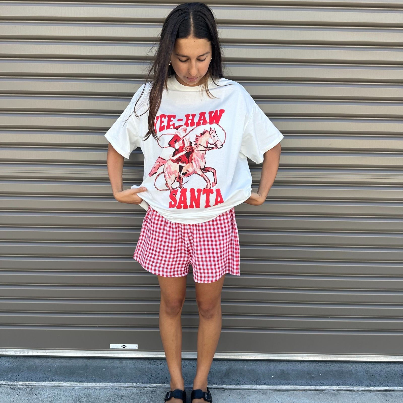 Yeehaw Santa Red and White Gingham Short Set