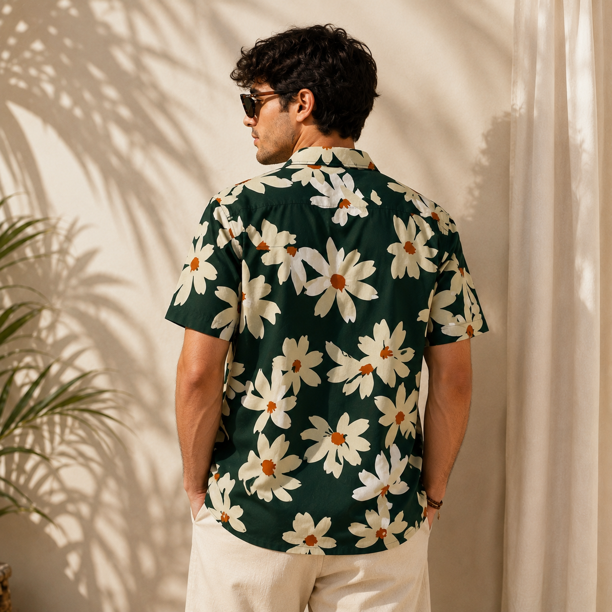 Man wearing a floral shirt standing against a neutral wall with plant shadows.