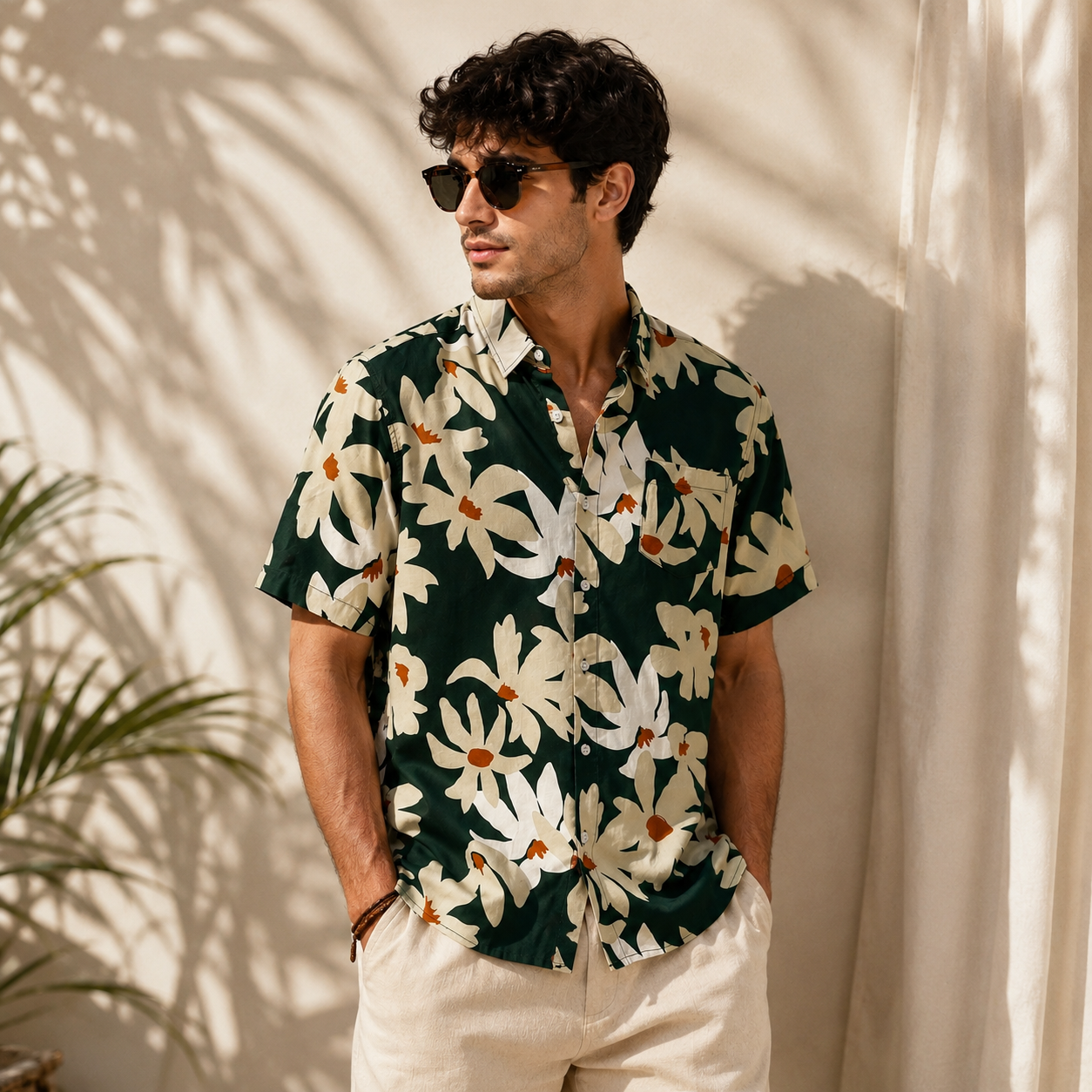 Man wearing a floral shirt standing against a neutral wall with plant shadows.