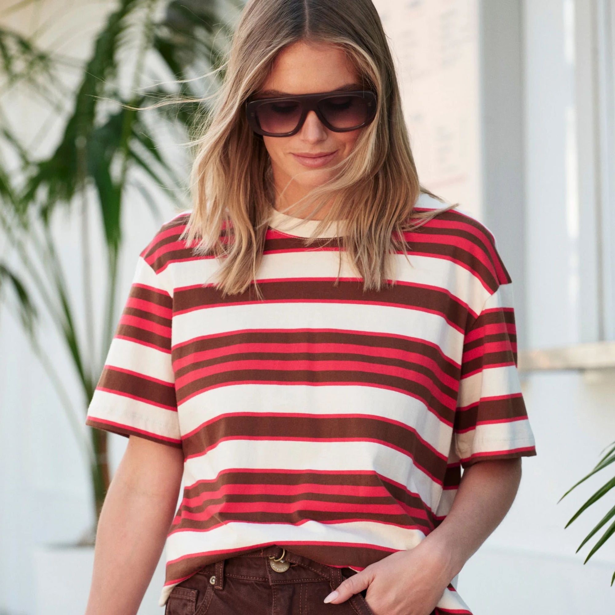 Stevie Slouchy Tee Red Toffee Stripe