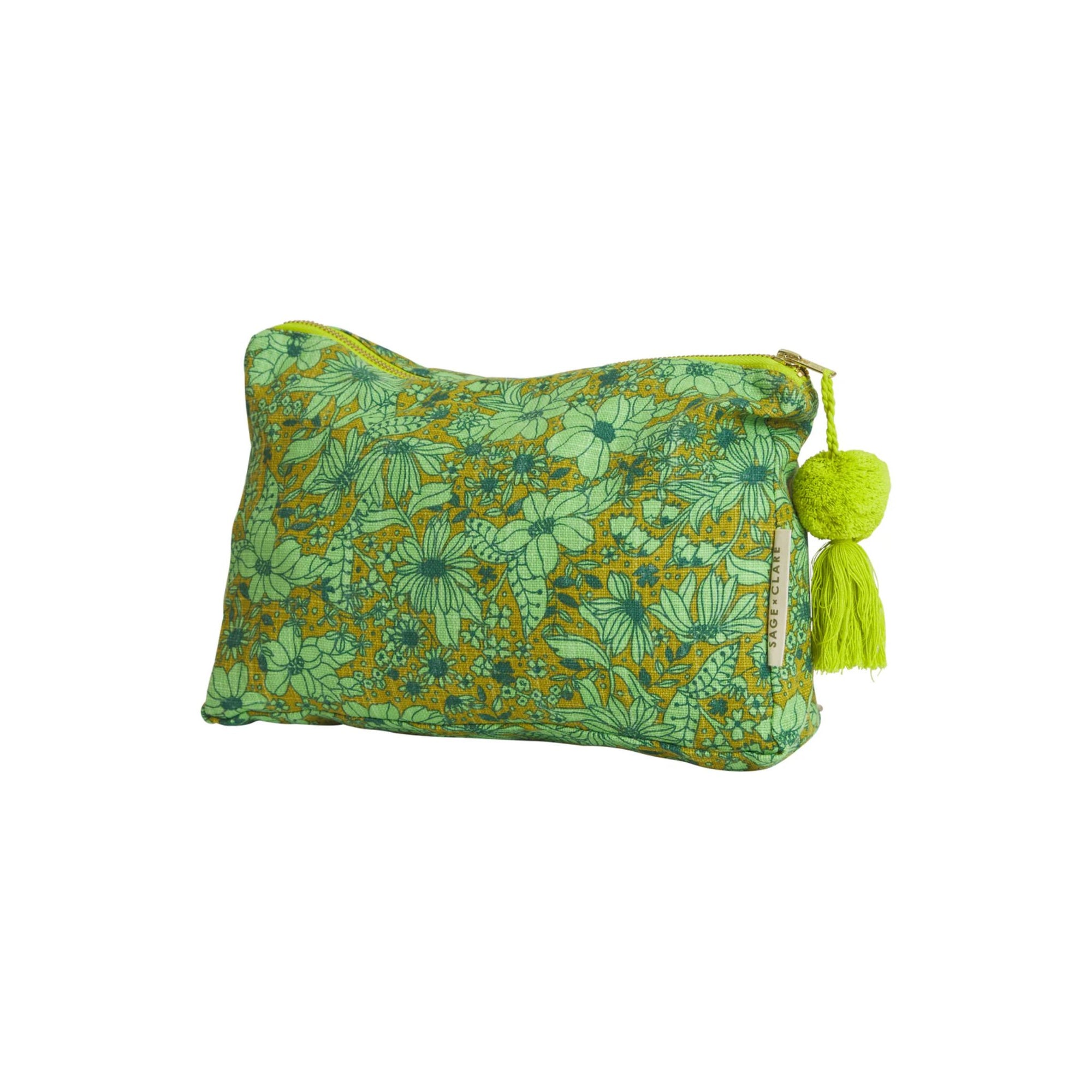 Green floral patterned pouch with a tassel on a white background