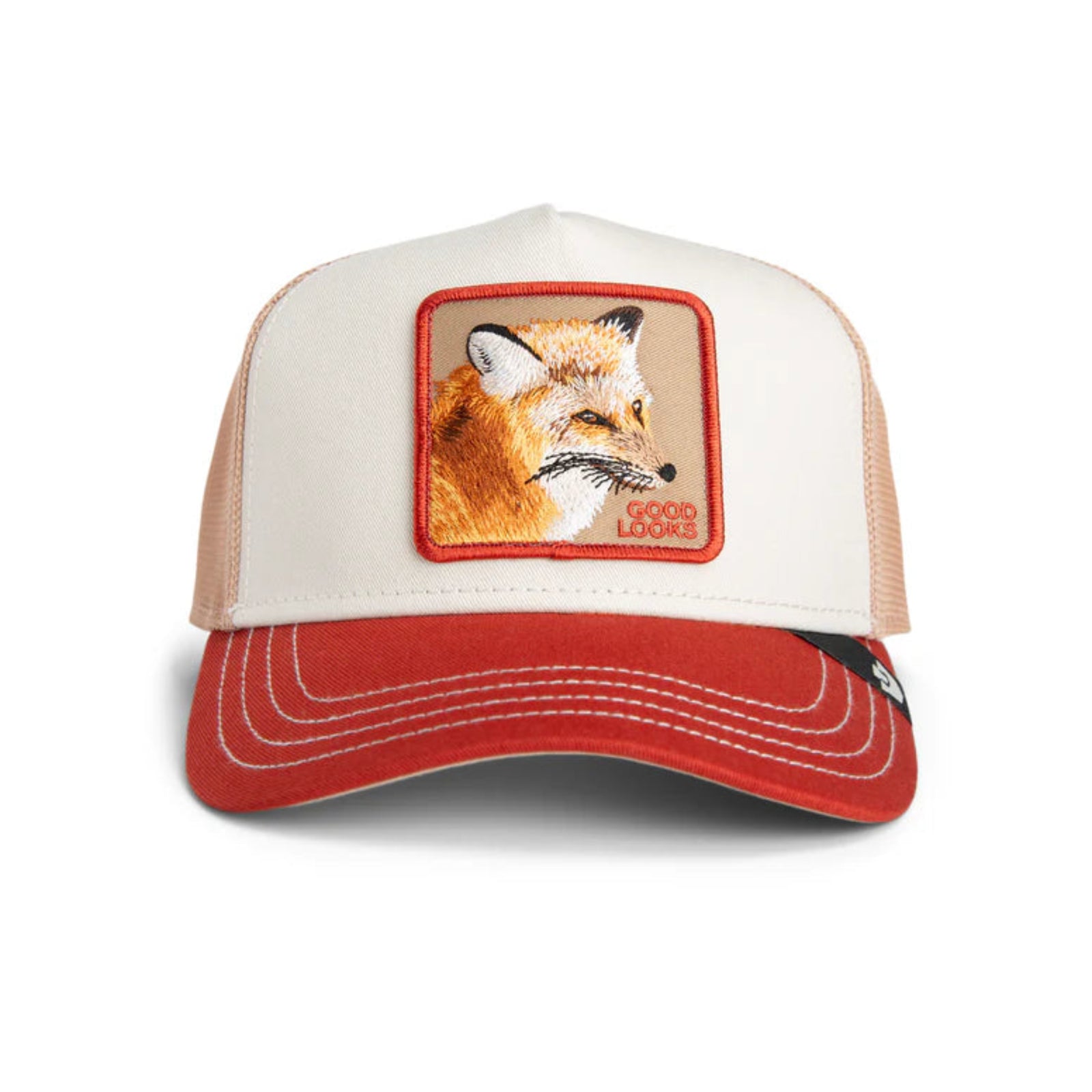 Trucker hat with fox patch and 'Good Looks' text on a white background