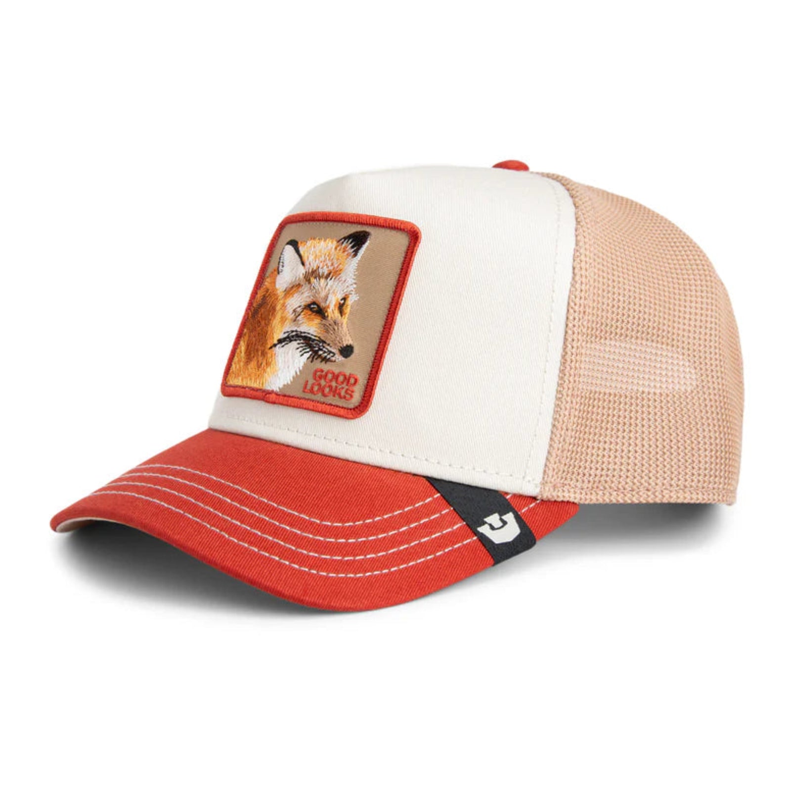 Trucker hat with fox patch and 'Good Looks' text on a white background