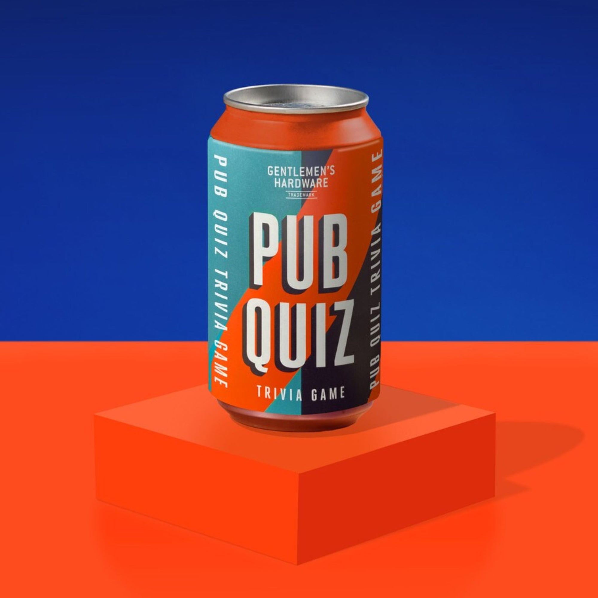 Can of &#39;Pub Quiz&#39; trivia game on an orange platform with a blue background