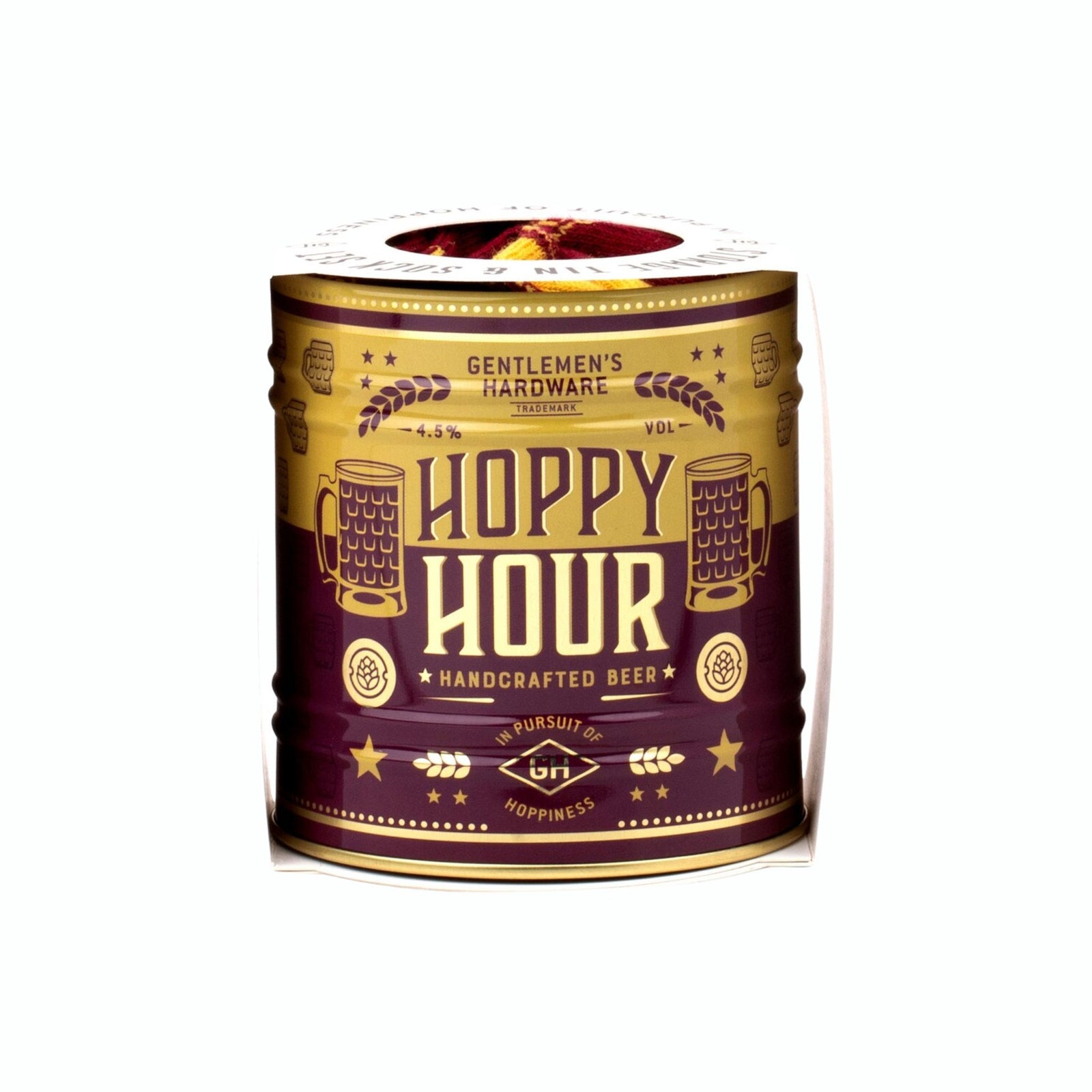 Maroon socks with yellow accents and pattern on a white background