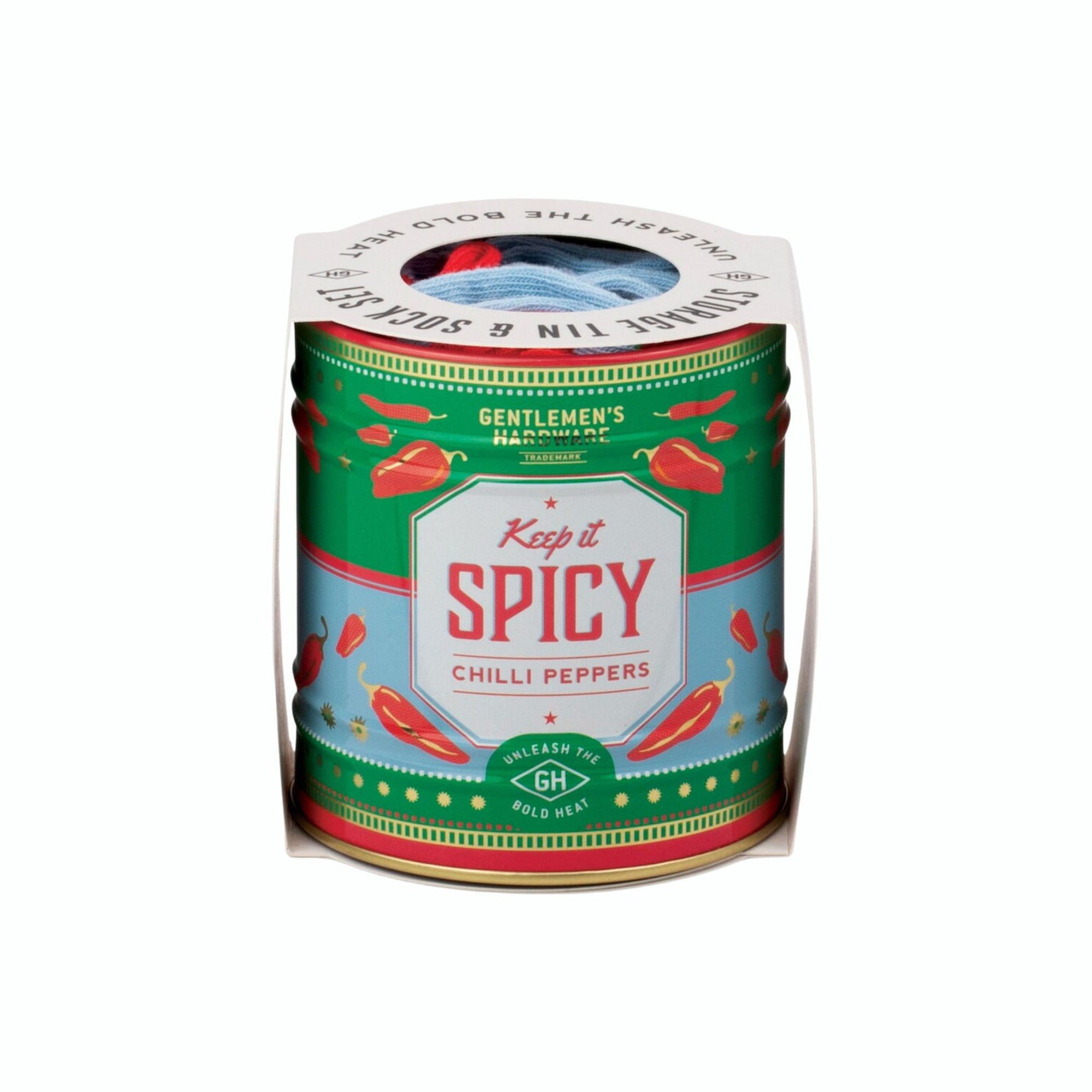 Can of &#39;Keep it Spicy&#39; chilli peppers with colorful label on a white background