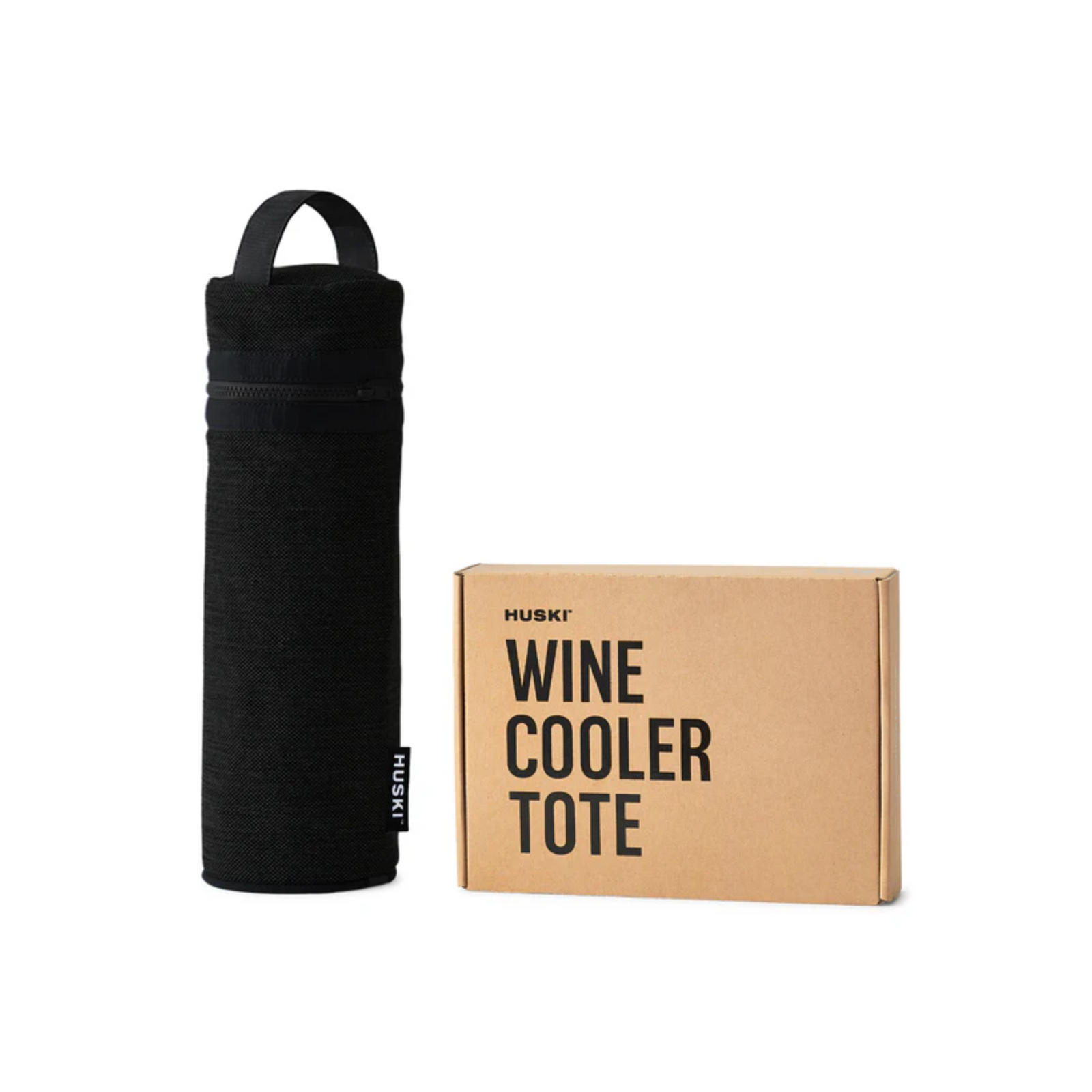 Black wine cooler tote with a matching box labeled 'HUSKI Wine Cooler Tote' on a wooden table.