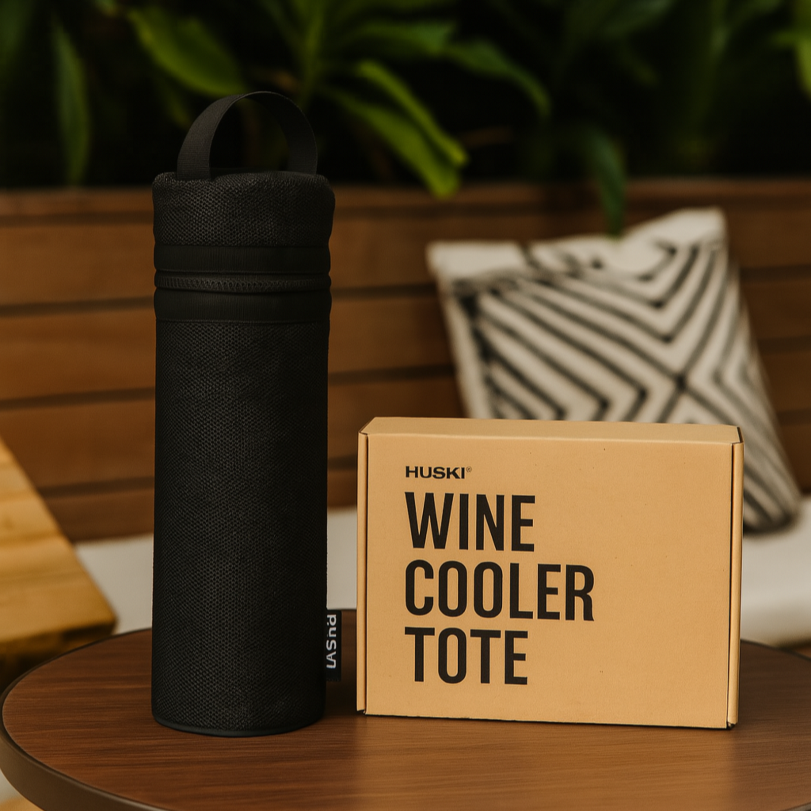 Black wine cooler tote with a matching box labeled 'HUSKI Wine Cooler Tote' on a wooden table.