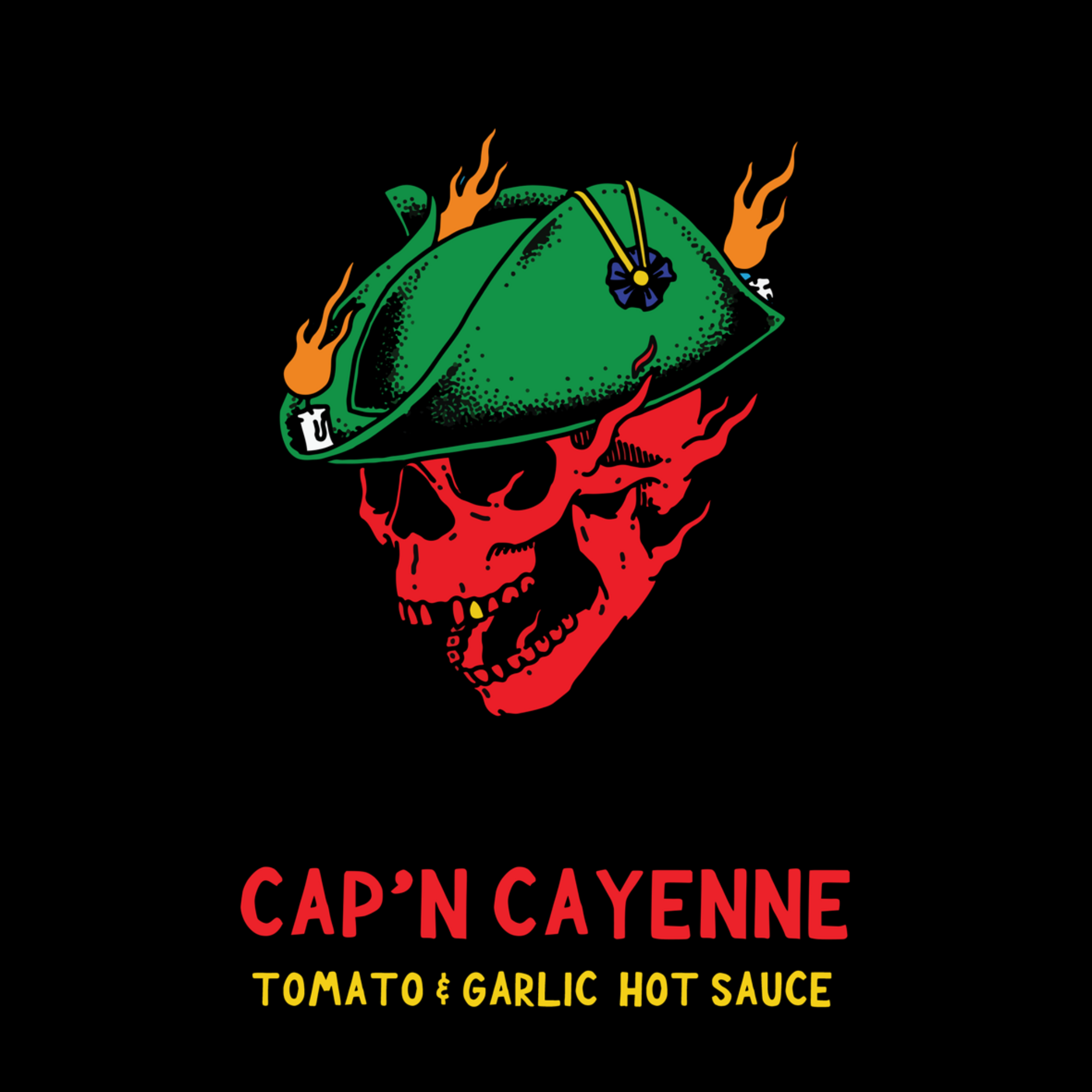 A bottle of Keating &amp; Co. Cap'n Cayenne hot sauce surrounded by fresh ingredients including tomatoes, onions, garlic, and red peppers on a dark wooden surface.