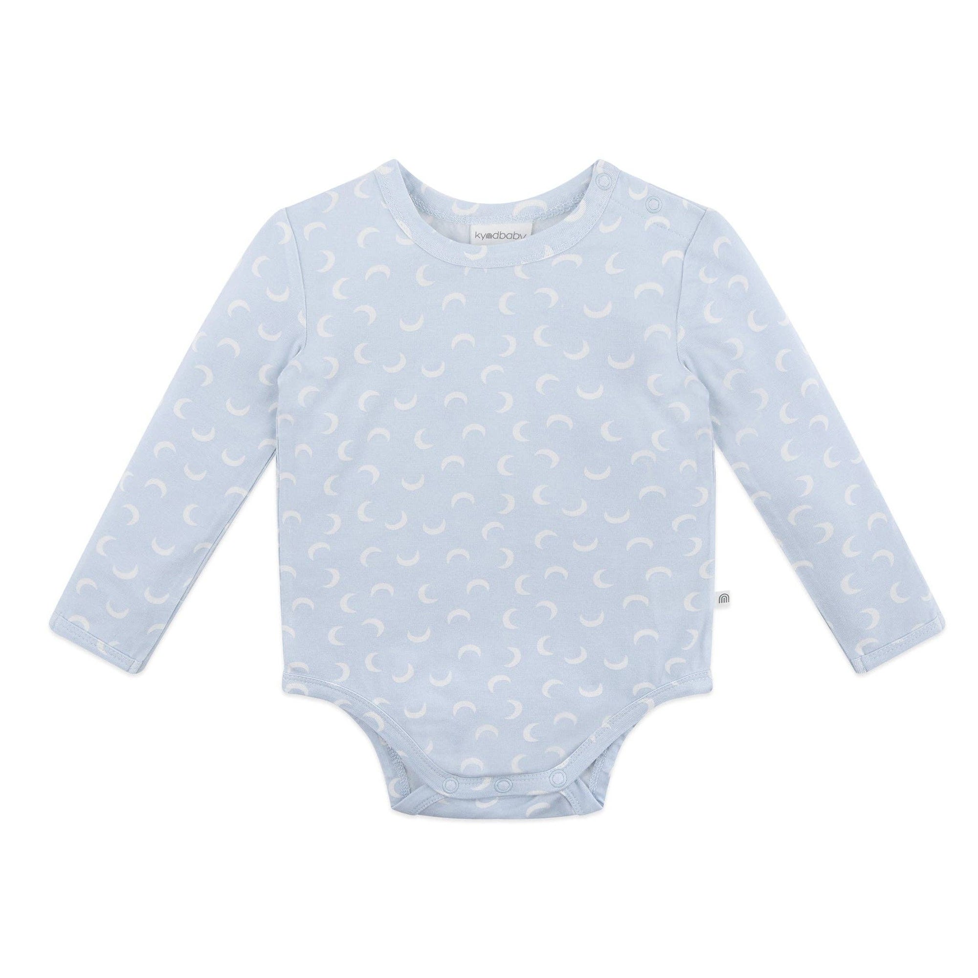 Light blue baby bodysuit with subtle pattern on a white background