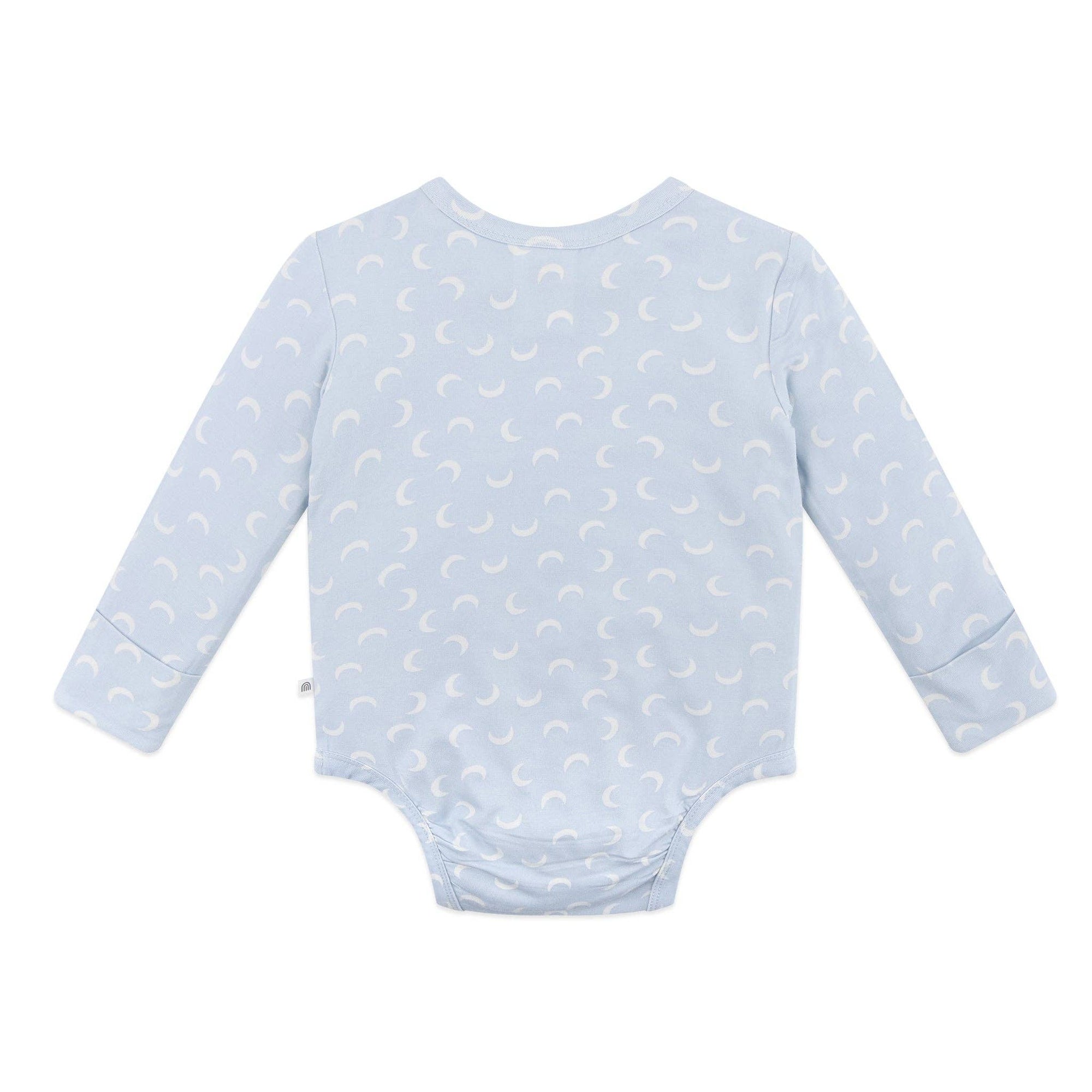 Light blue baby bodysuit with subtle pattern on a white background