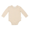 Beige checkered baby bodysuit on a white background