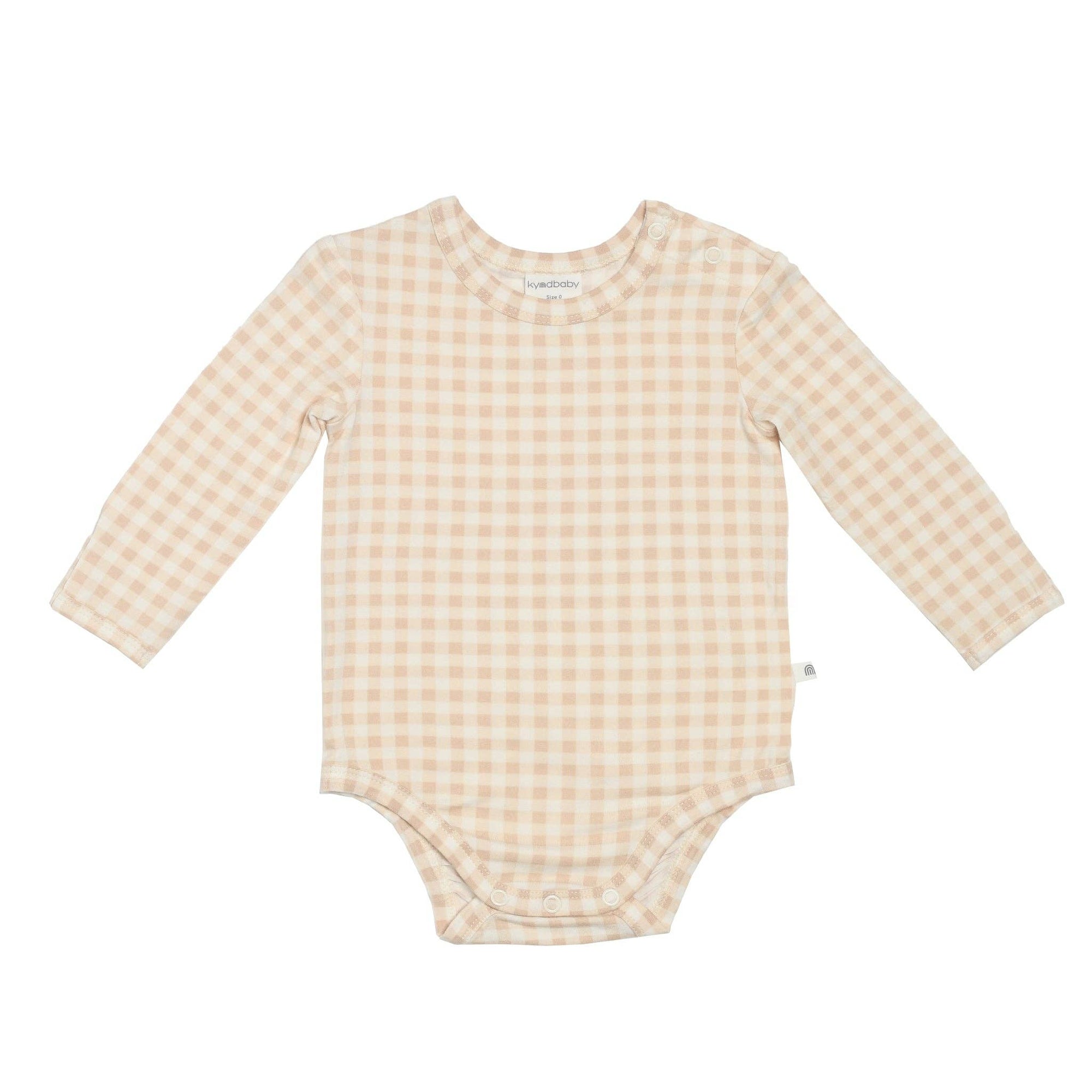 Beige checkered baby bodysuit on a white background