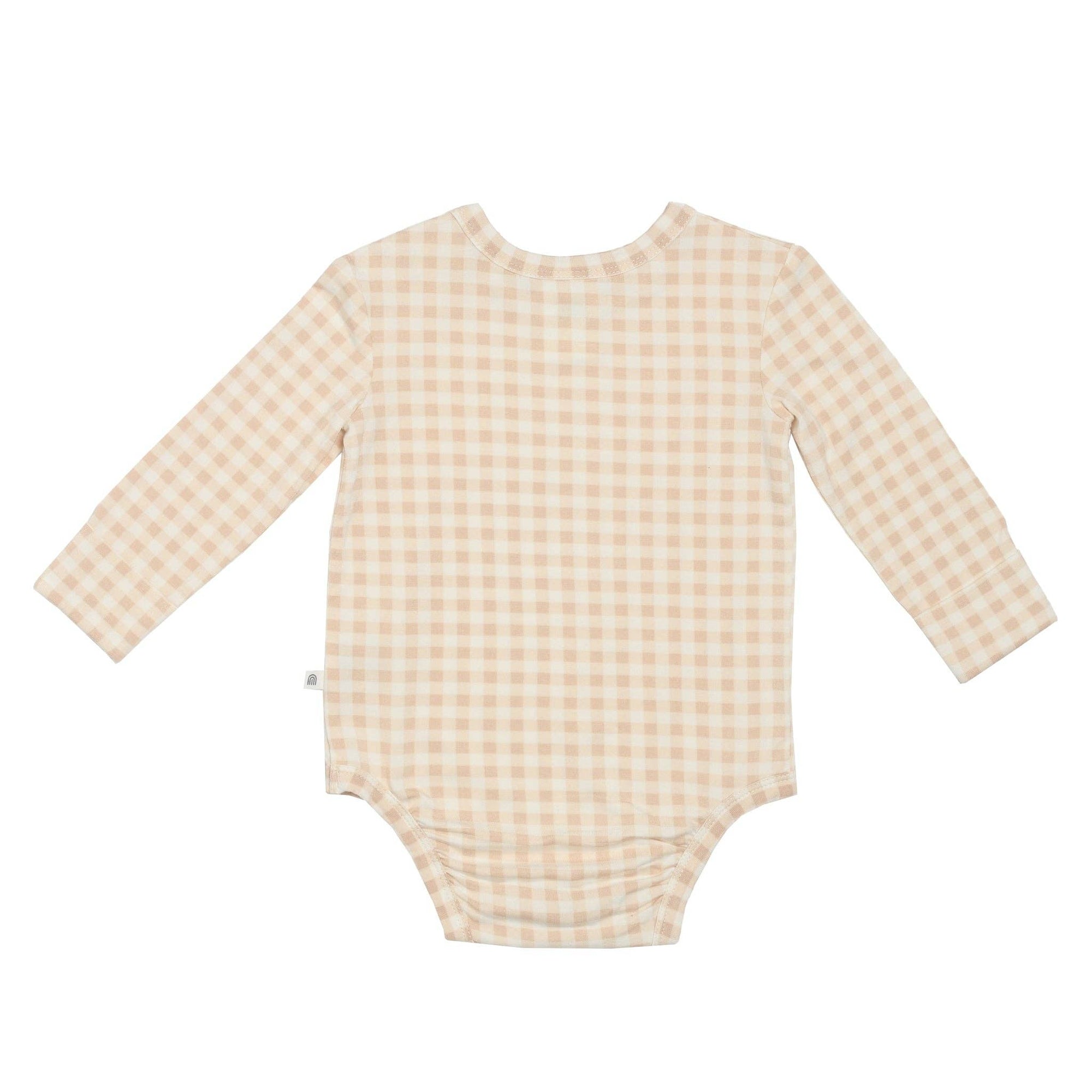 Beige checkered baby bodysuit on a white background