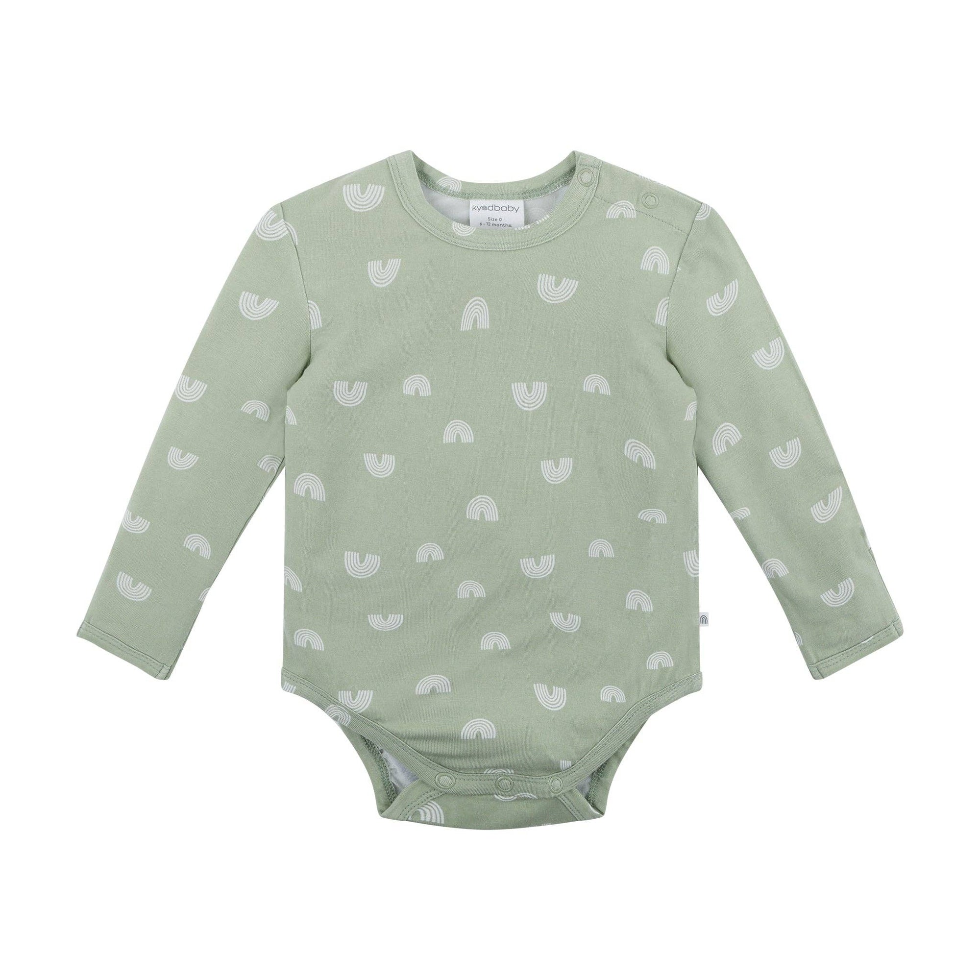 Green baby bodysuit with white patterns on a white background