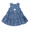Blue denim dress with floral patterns on a white background