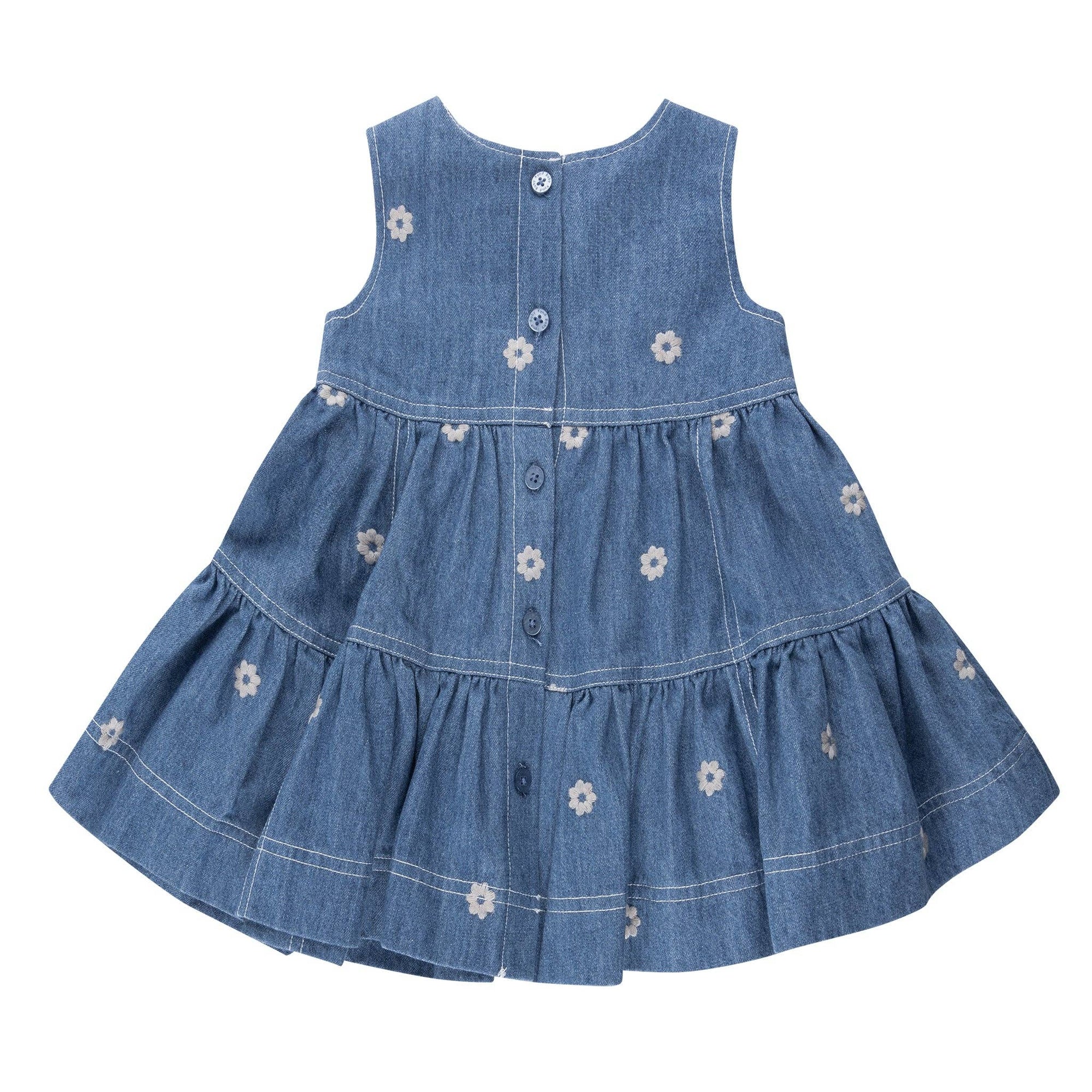 Blue denim dress with floral embroidery on a white background